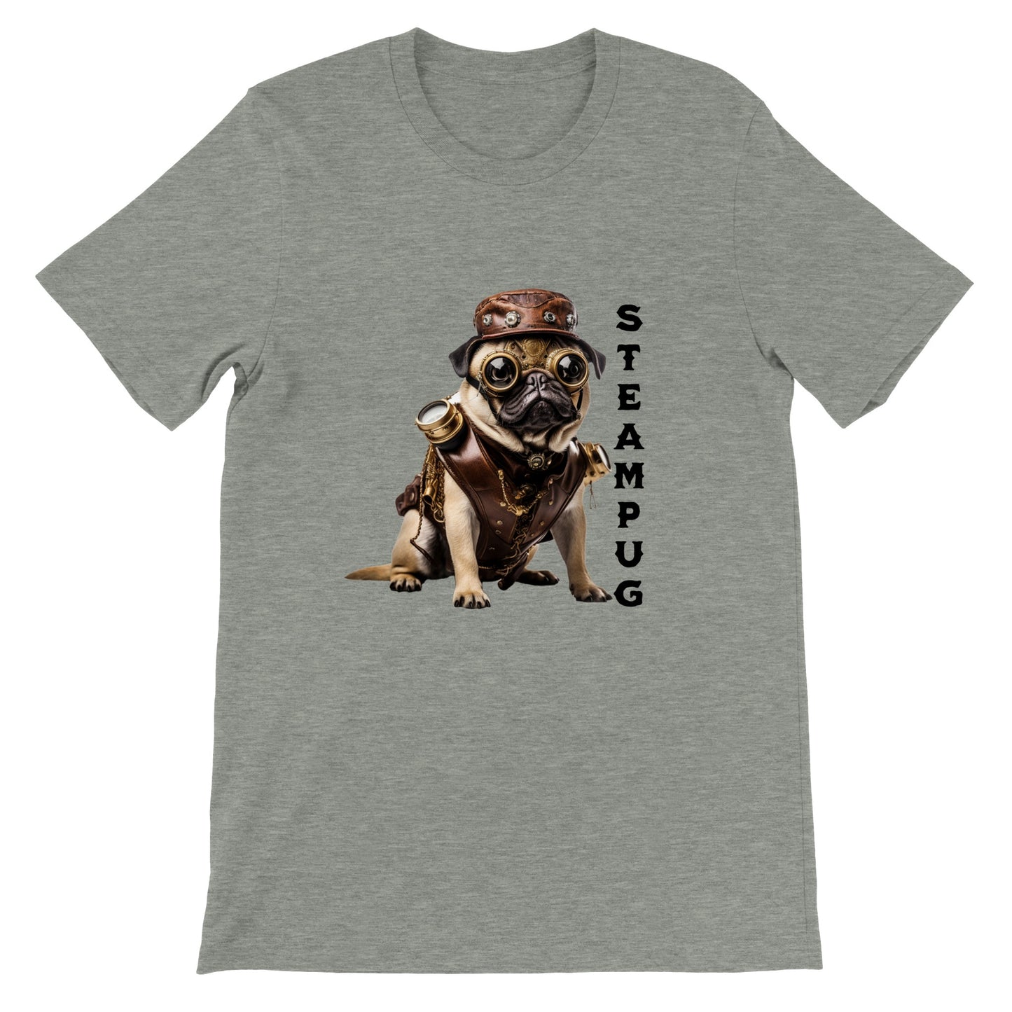 Athletic heather gray t-shirt with a pug dressed in a steampunk-style outfit, goggles, and hat with the word "Steampug" written down the right side of the image.