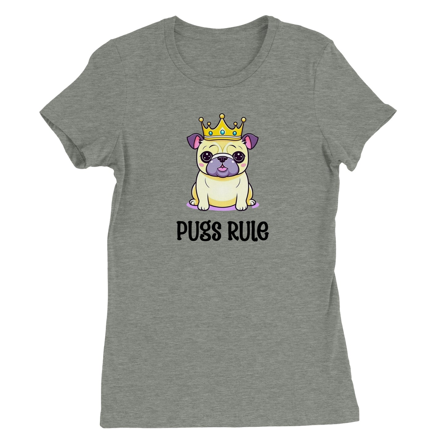 Athletic heather gray t-shirt with an image of a Kawaii-icon style pug on it. The pug is yellowy-beige with purple ears and purple-gray jowls, and the words "Pugs rule" are written under it.