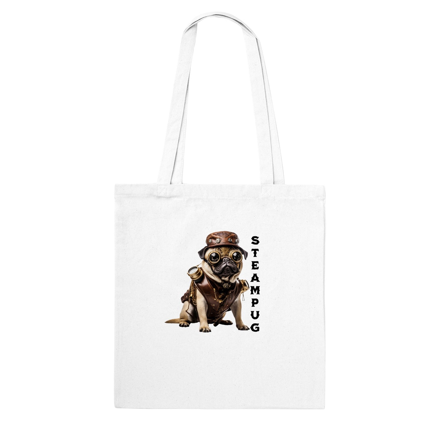 White tote bag with a pug dressed in a steampunk-style outfit, goggles, and hat with the word "Steampug" written down the right side of the image.