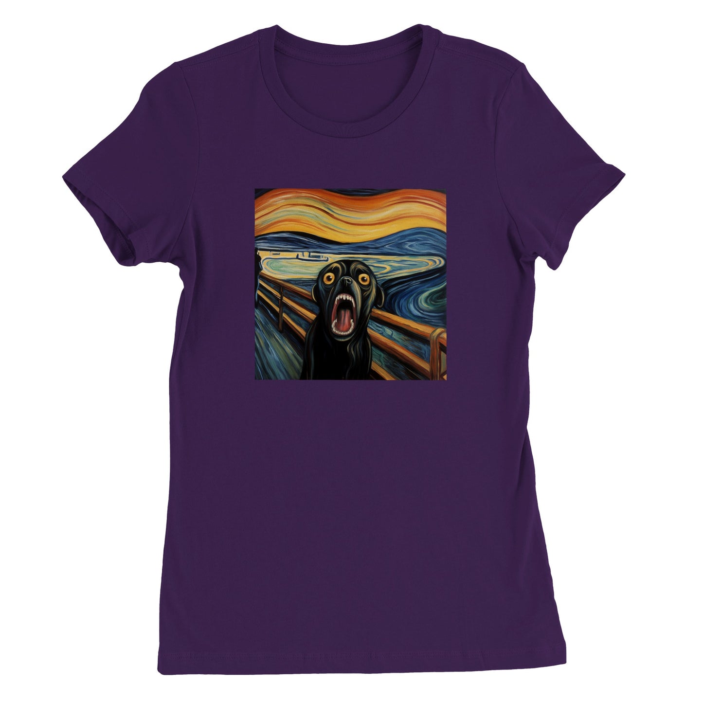 Purple t-shirt with a pug version of Edvard Munch's "The Scream"