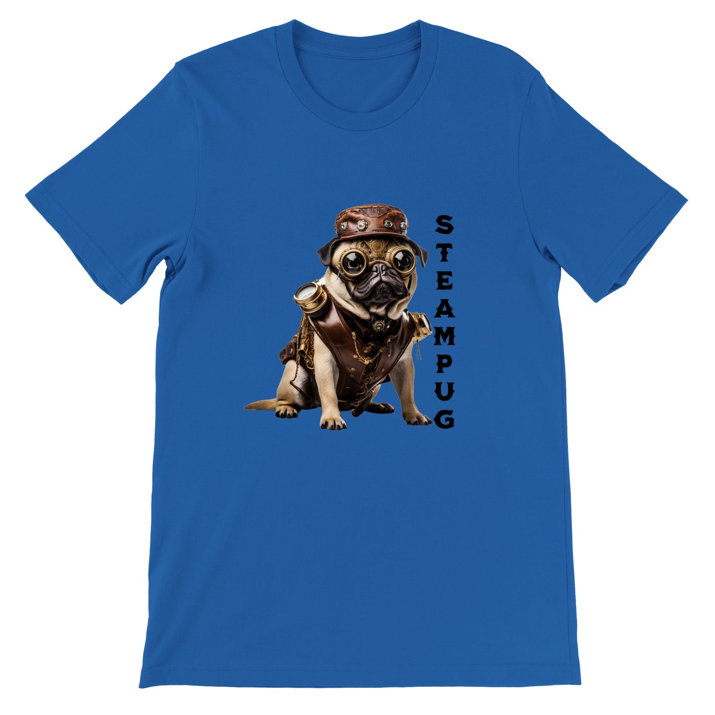 Royal blue t-shirt with a pug dressed in a steampunk-style outfit, goggles, and hat with the word "Steampug" written down the right side of the image.