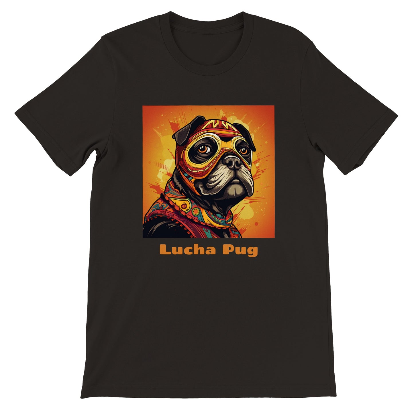 Black t-shirt with the head and shoulders of a black pug in a colorful lucha mask and outfit on an orange background with the words "Lucha Pug" under the image.