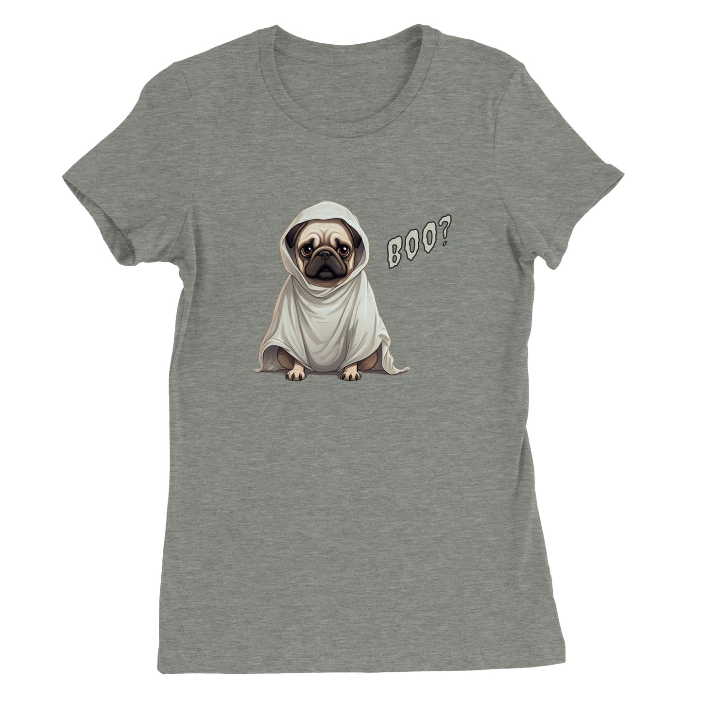 Athletic heather gray t-shirt with a fawn-colored cartoon-style pug on it. The pug has a concerned expression and is wearing a ghost costume. The word "Boo?" is on the right side of the image.