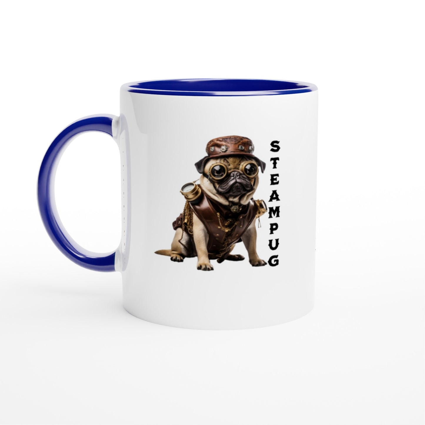 White mug with blue handle, rim, and interior with a picture of a pug dressed in a steampunk-style outfit, goggles, and hat with the word "Steampug" written down the right side of the image.