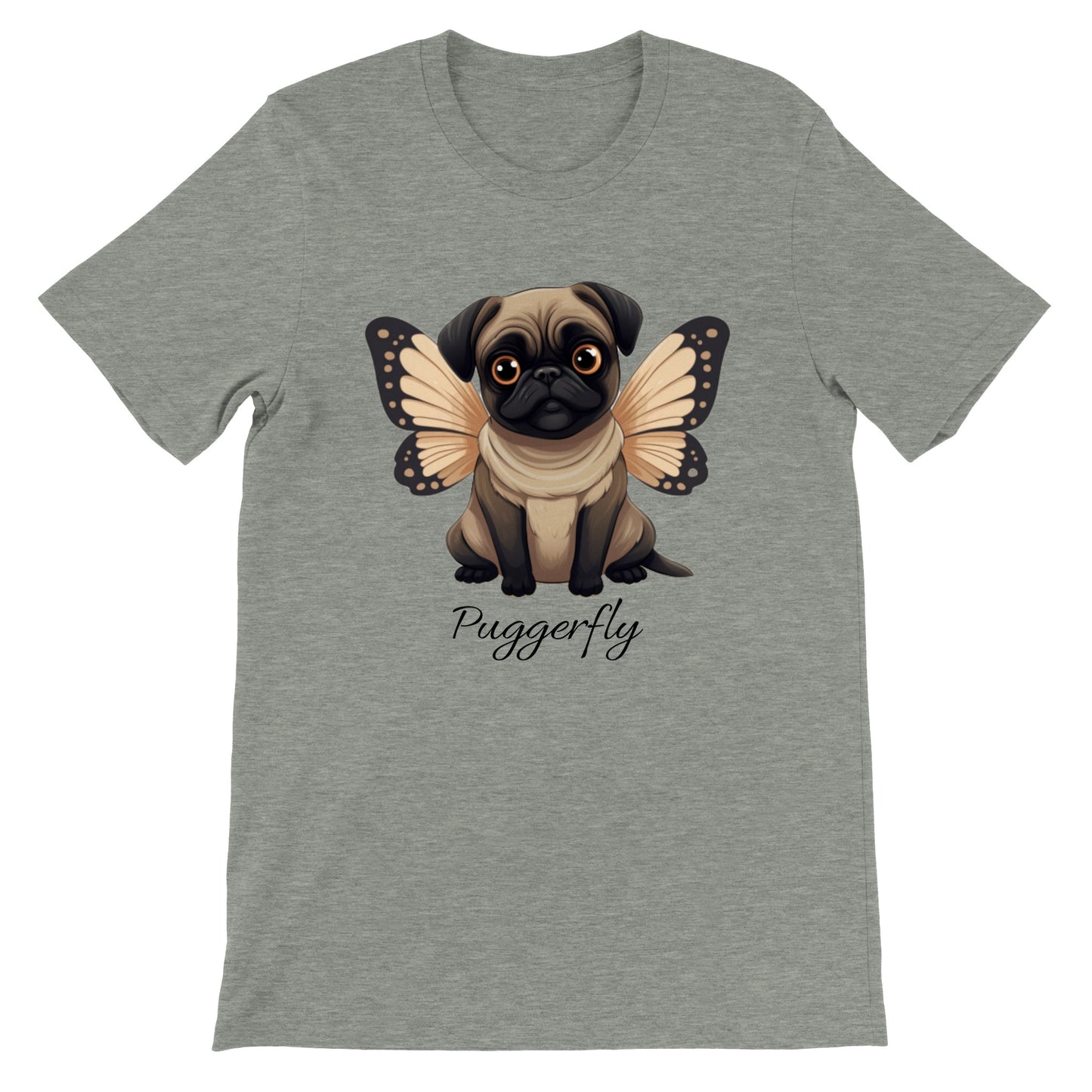 Heather gray t-shirt with a cartoon style picture of a fawn-colored pug with orangey-beige butterfly wings attached to her back and big sad eyes. The word "Puggerfly" is beneath the image.