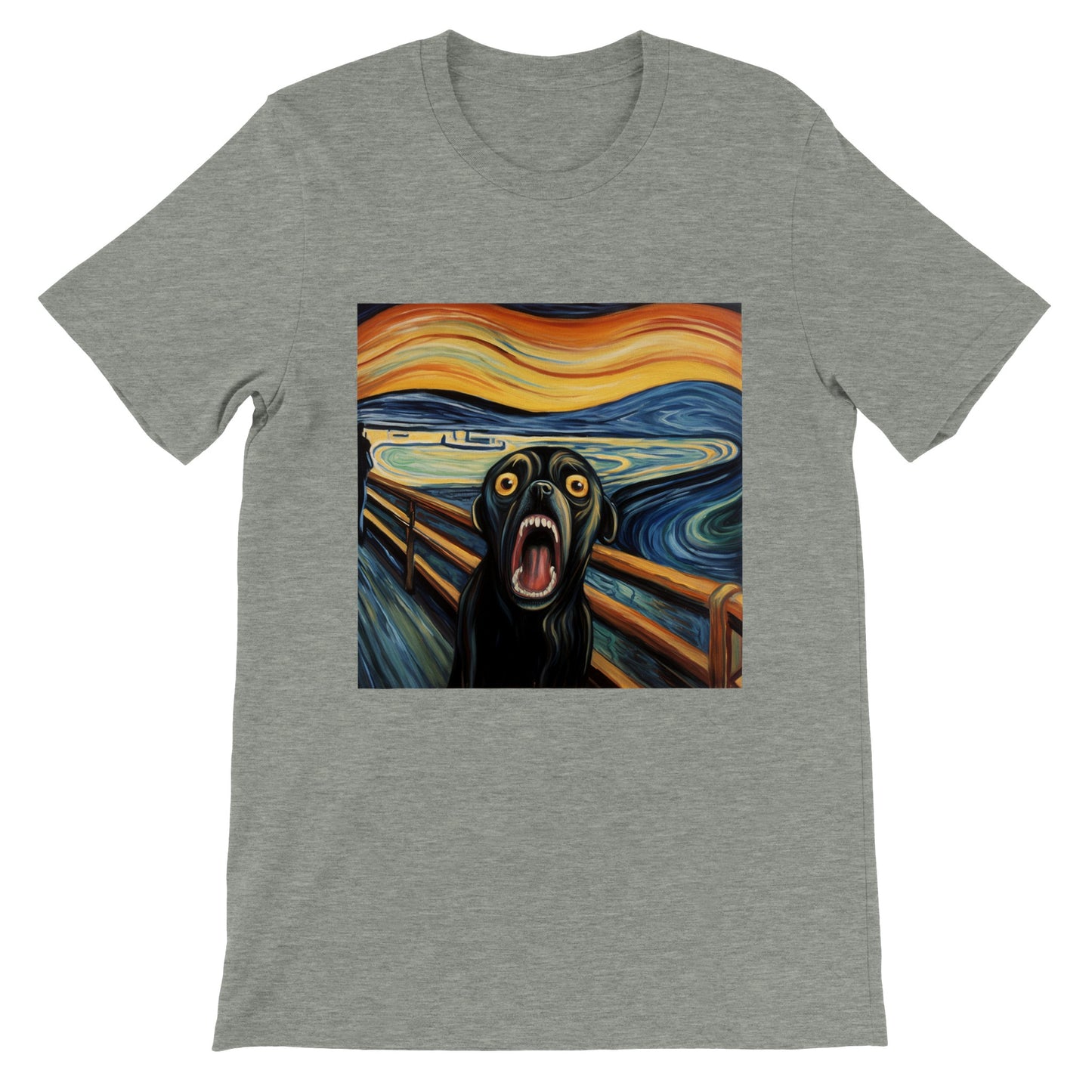 Athletic heather gray t-shirt with a pug version of Edvard Munch's "The Scream"