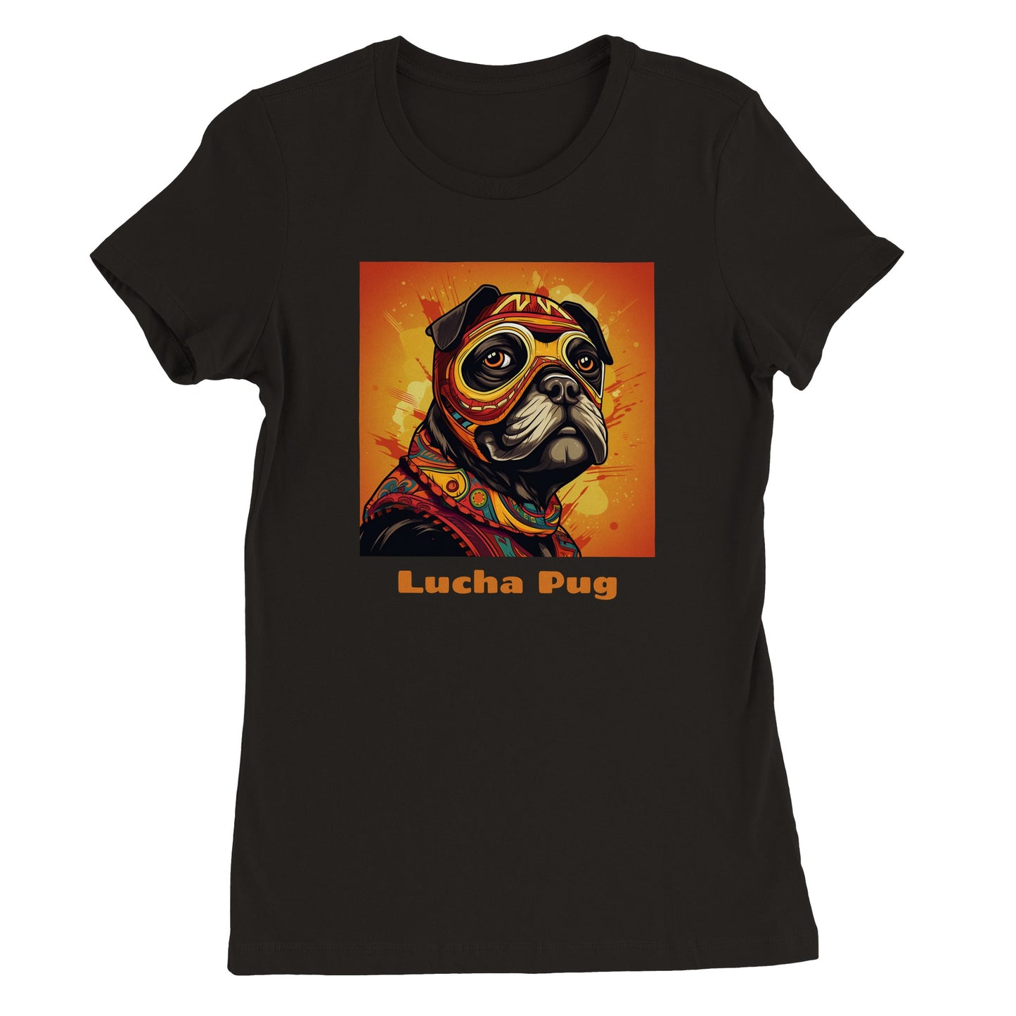 Black t-shirt with the head and shoulders of a black pug in a colorful lucha mask and outfit on an orange background with the words "Lucha Pug" under the image.