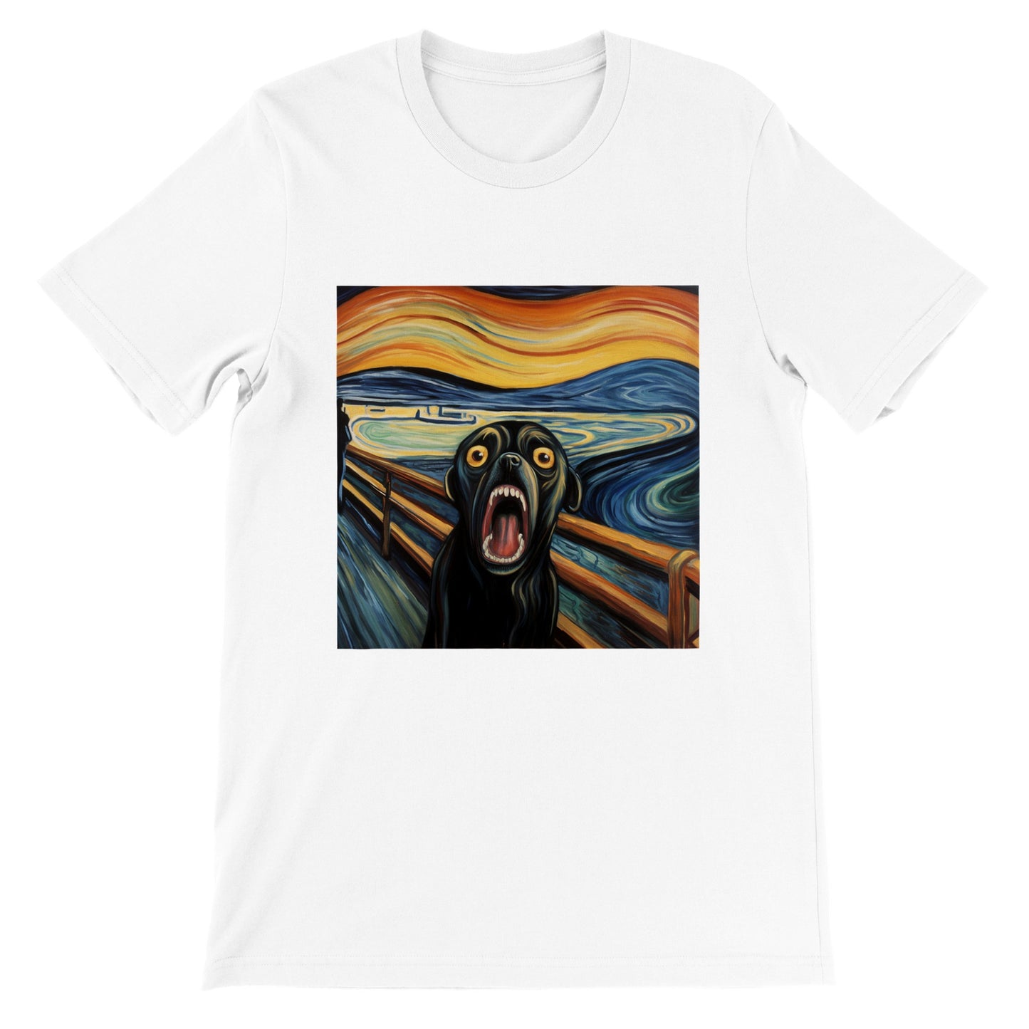 White t-shirt with a pug version of Edvard Munch's "The Scream"
