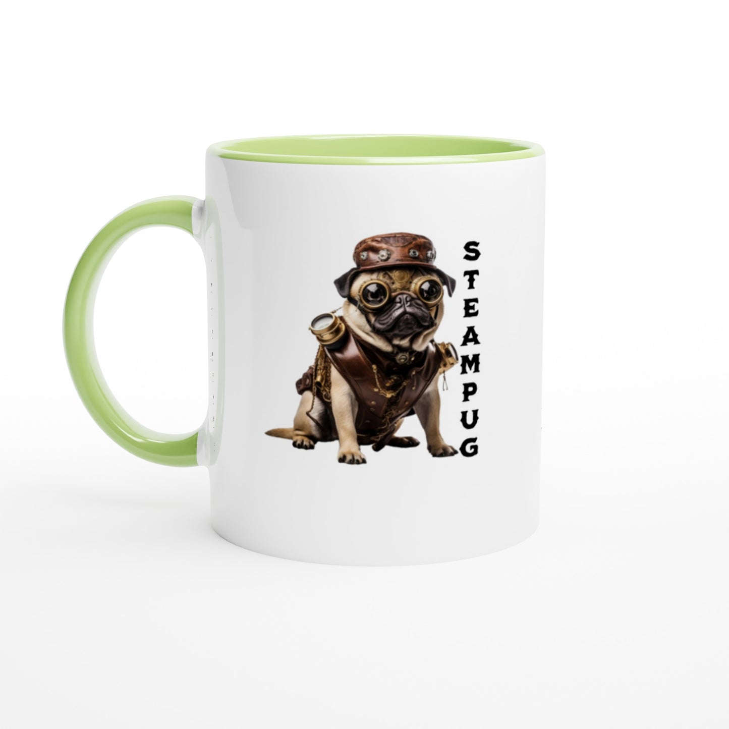White mug with light green handle, rim, and interior with a picture of a pug dressed in a steampunk-style outfit, goggles, and hat with the word "Steampug" written down the right side of the image.