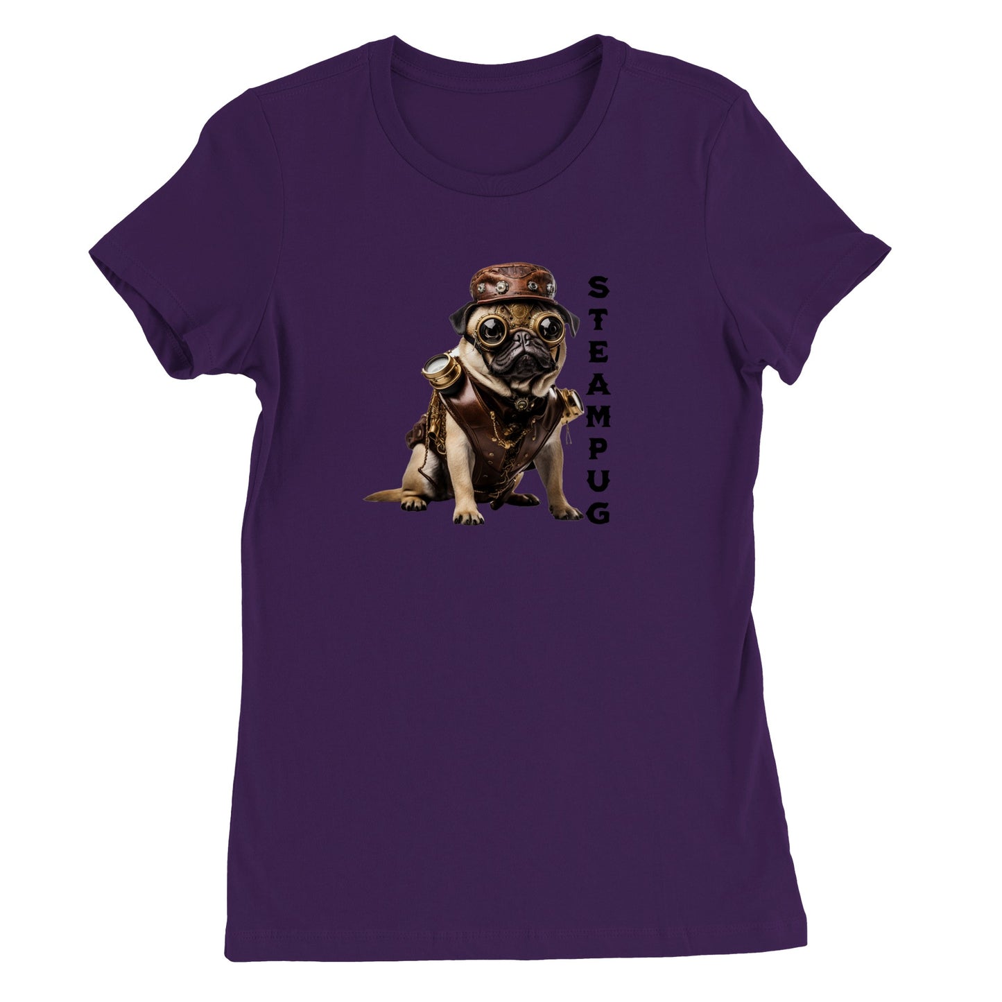 Purple t-shirt with a pug dressed in a steampunk-style outfit, goggles, and hat with the word "Steampug" written down the right side of the image.