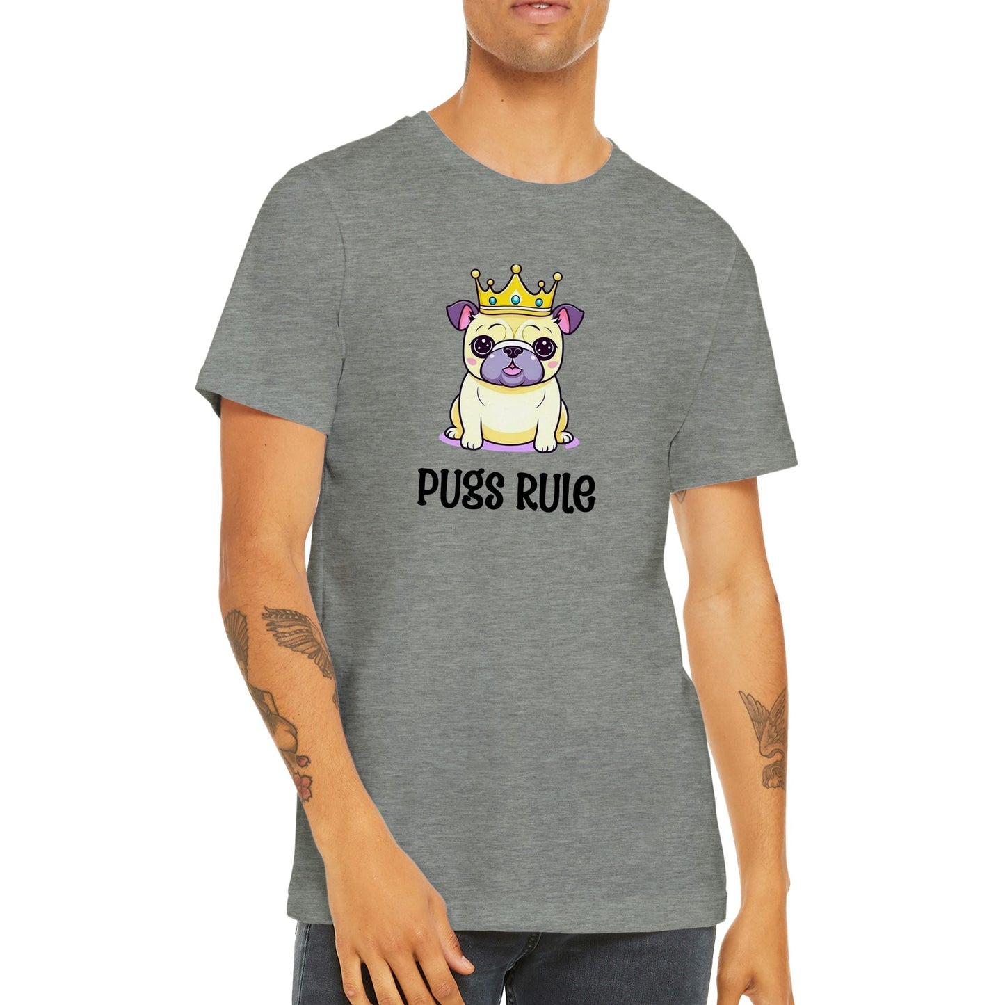 A torso of a young man wearing an athletic heather gray t-shirt with an image of a kawaii icon-style pug wearing a crown with the words "Pugs rule" underneath the image
