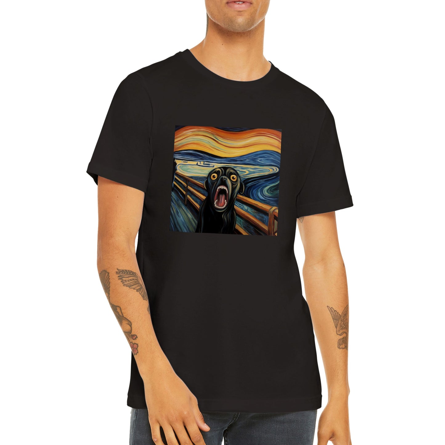 Torso of a young man wearing a black t-shirt with a pug version of Edvard Munch's "The Scream"