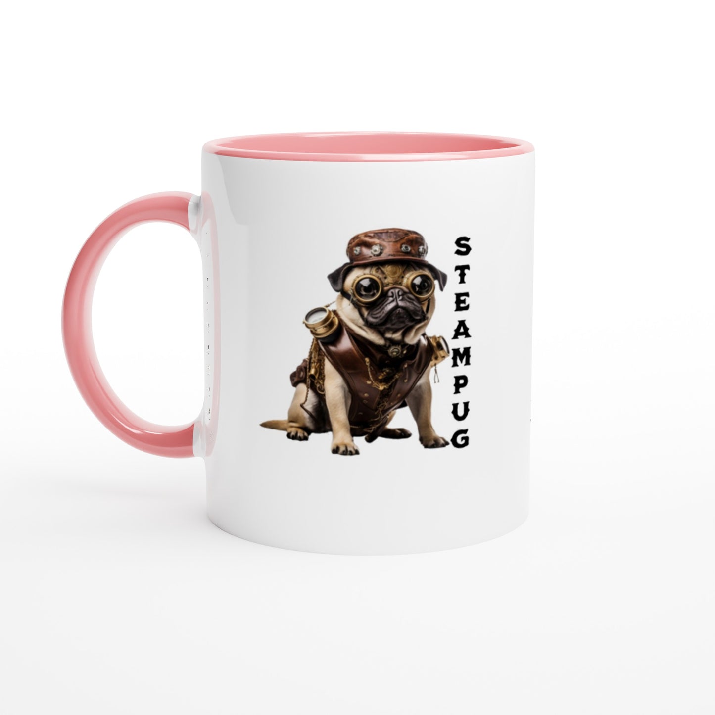 White mug with pink handle, rim, and interior with a picture of a pug dressed in a steampunk-style outfit, goggles, and hat with the word "Steampug" written down the right side of the image.