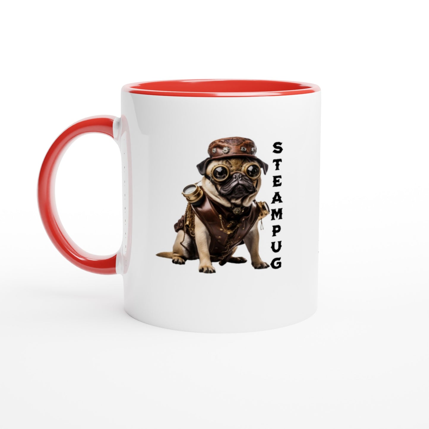White mug with red handle, rim, and interior with a picture of a pug dressed in a steampunk-style outfit, goggles, and hat with the word "Steampug" written down the right side of the image.