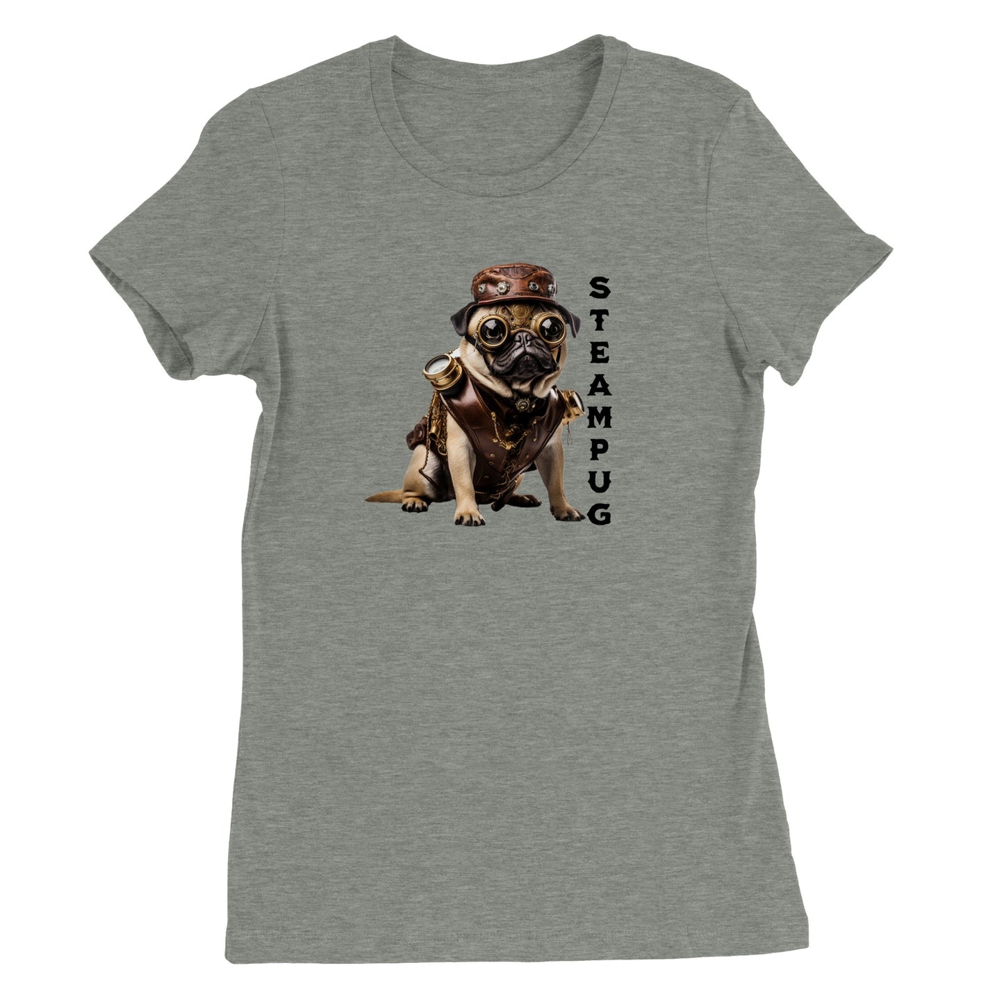 Athletic heather gray t-shirt with a pug dressed in a steampunk-style outfit, goggles, and hat with the word "Steampug" written down the right side of the image.