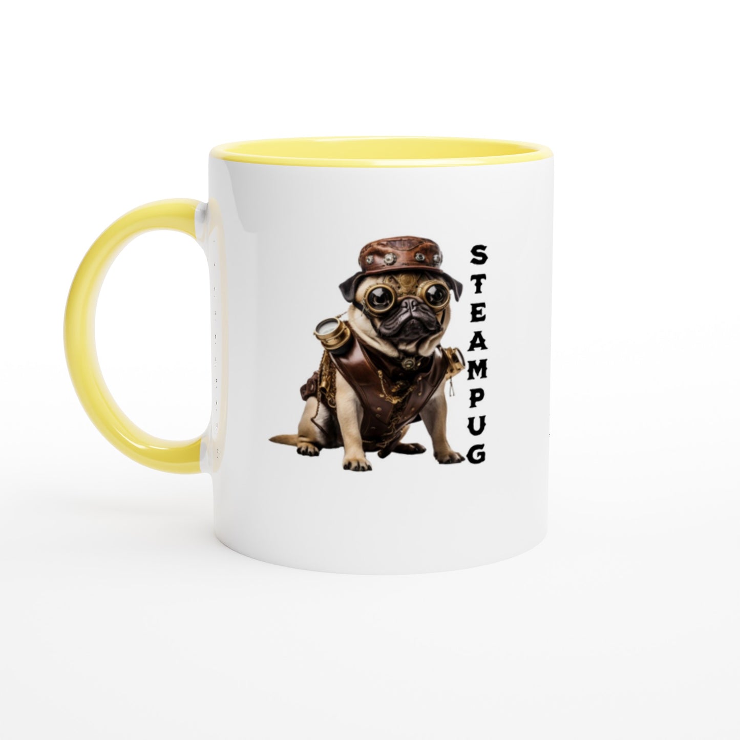 White mug with yellow handle, rim, and interior with a picture of a pug dressed in a steampunk-style outfit, goggles, and hat with the word "Steampug" written down the right side of the image.