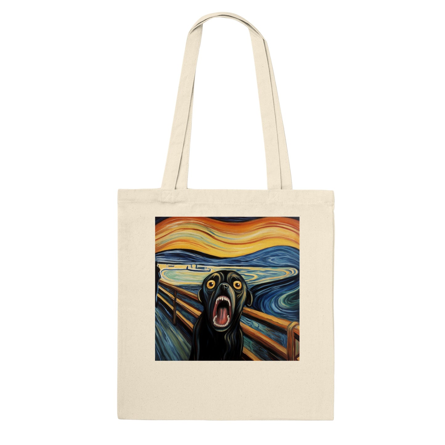 A natural beige tote bag with a pug version of Edvard Munch's "The Scream"