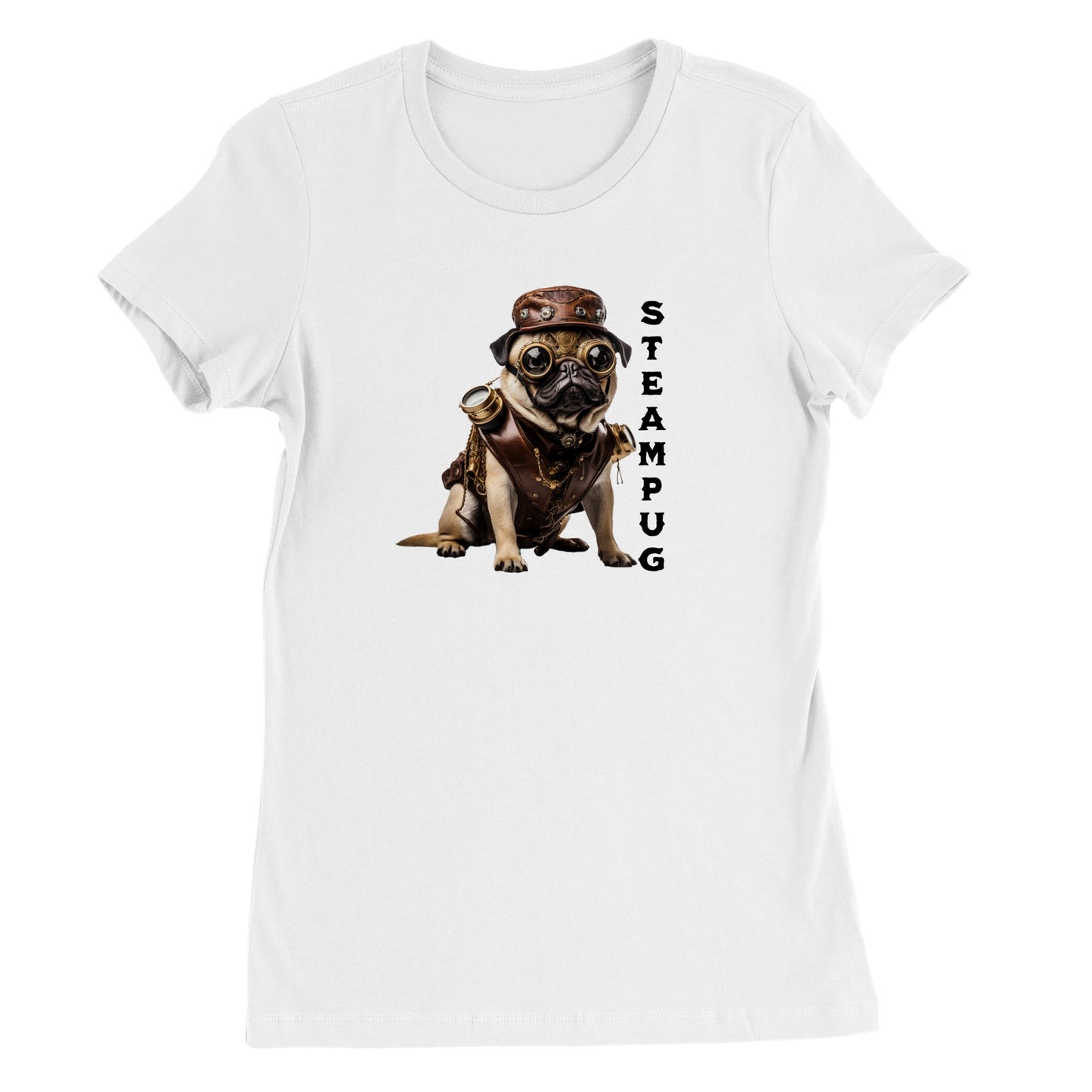 White t-shirt with a pug dressed in a steampunk-style outfit, goggles, and hat with the word "Steampug" written down the right side of the image.