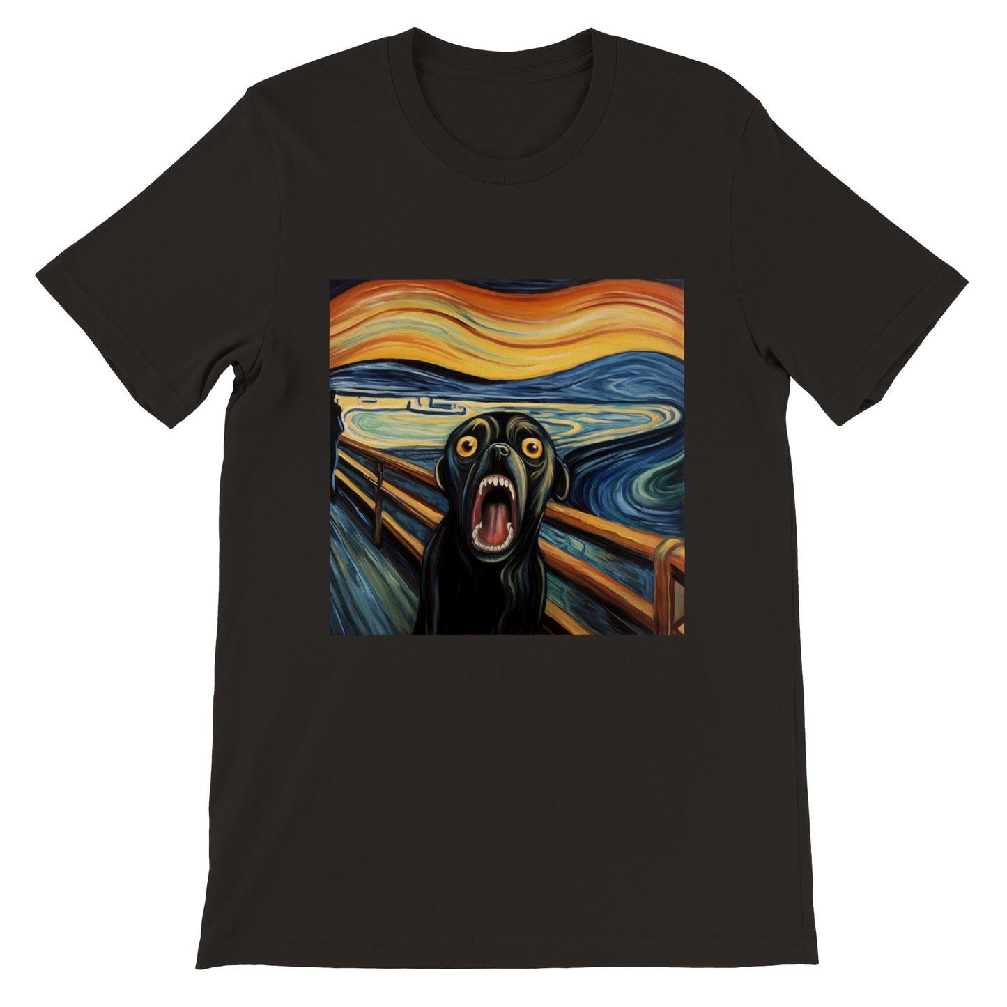 Black t-shirt with a pug version of Edvard Munch's "The Scream"