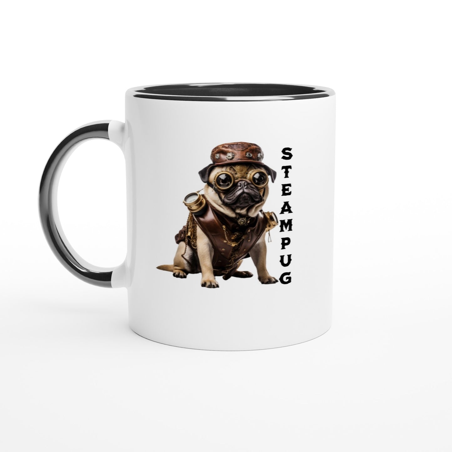 White mug with black handle, rim, and interior with a picture of a pug dressed in a steampunk-style outfit, goggles, and hat with the word "Steampug" written down the right side of the image.