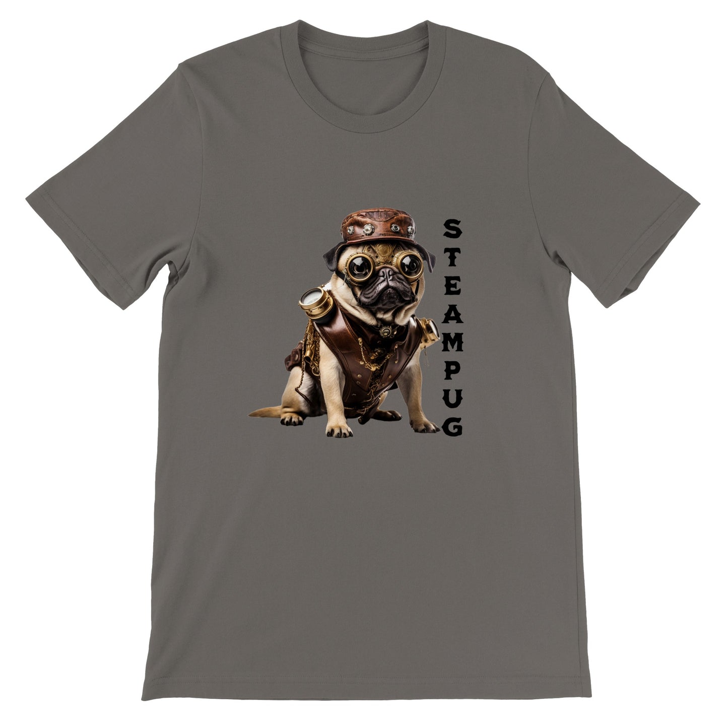 Asphalt gray t-shirt with a pug dressed in a steampunk-style outfit, goggles, and hat with the word "Steampug" written down the right side of the image.