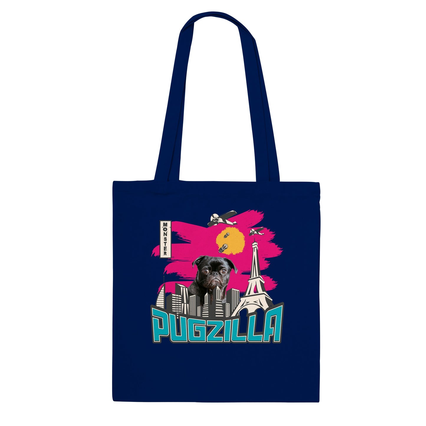 Navy tote bag with the im age of a black pug standing over a cityscape under a pink sky with jets dropping bombs on him and with the word "Pugzilla" under it.