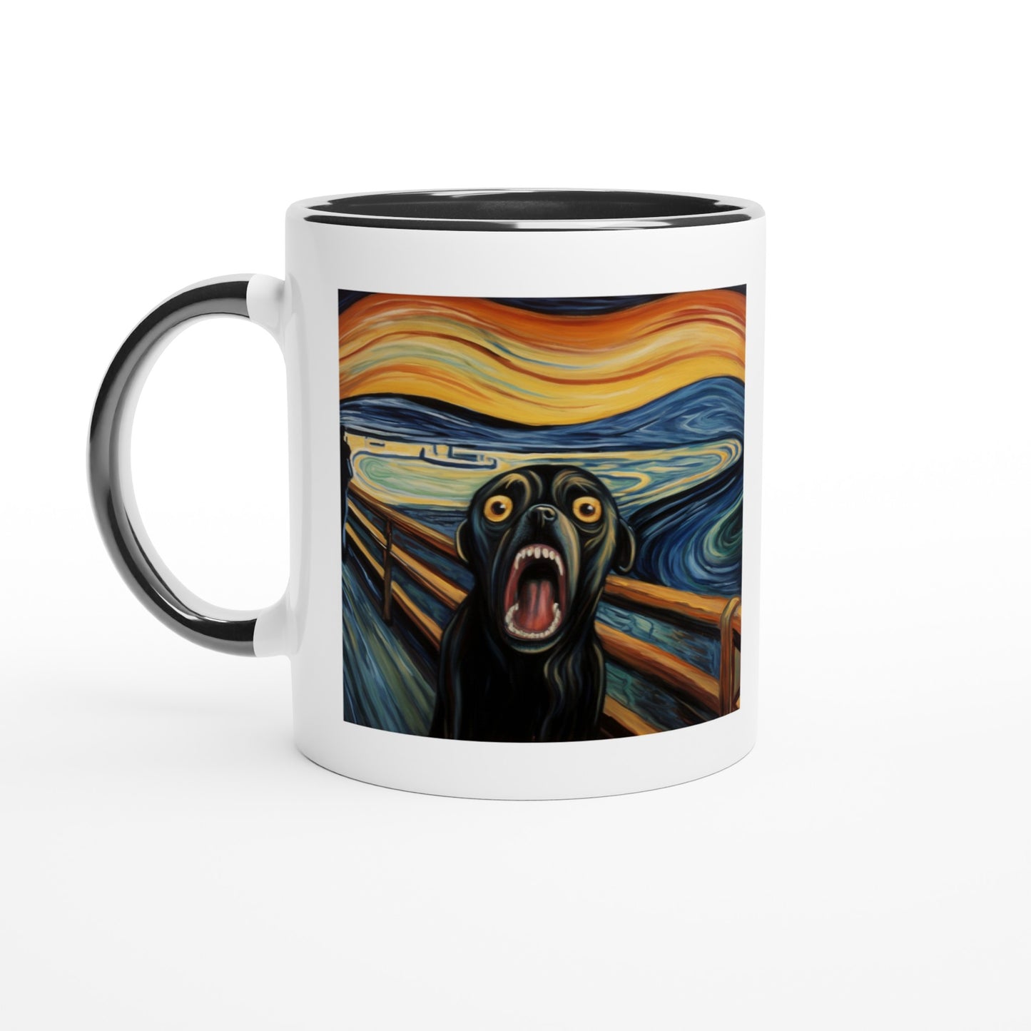White mug with black handle, rim, and inside, with a pug version of Edvard Munch's "The Scream"
