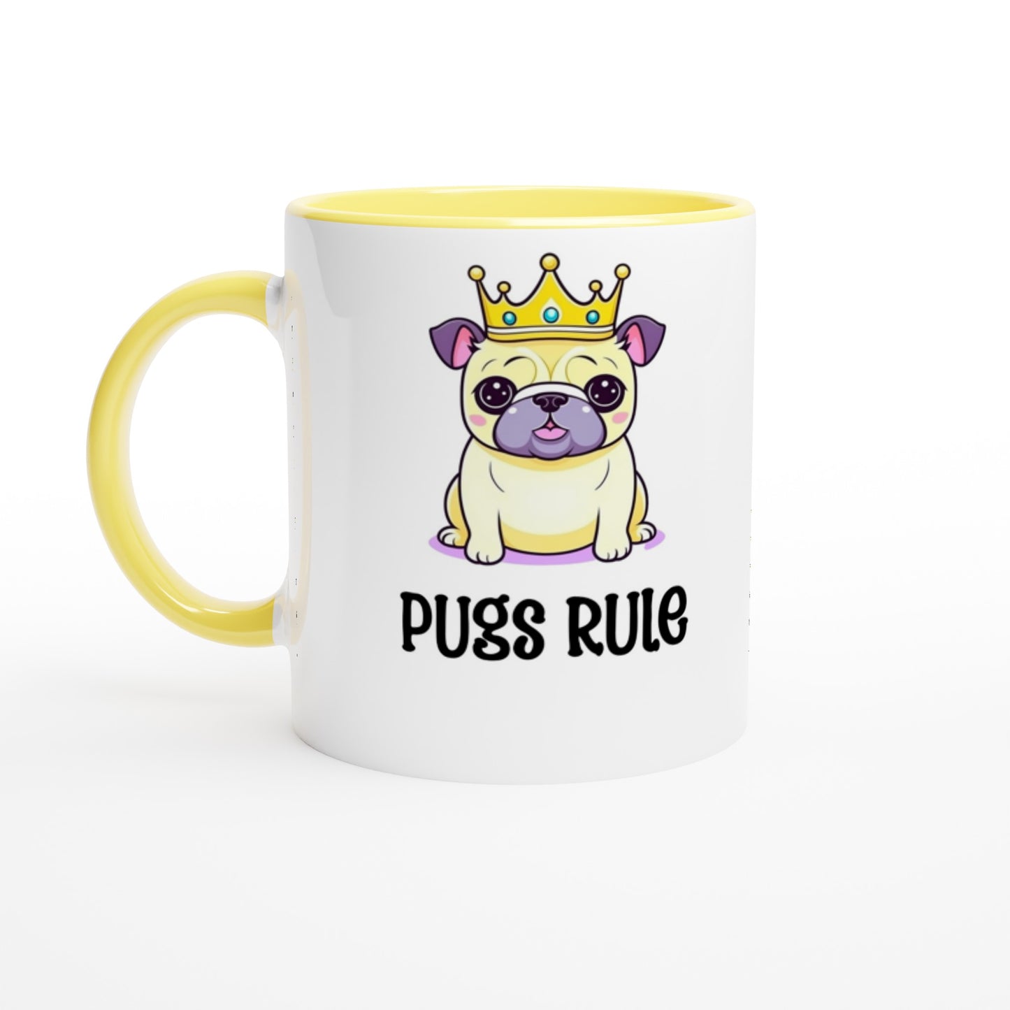 A white mug with a yellow handle, rim, and inside and an image of a  kawaii icon-style pug wearing  a crown with the words "Pugs rule" underneath the image