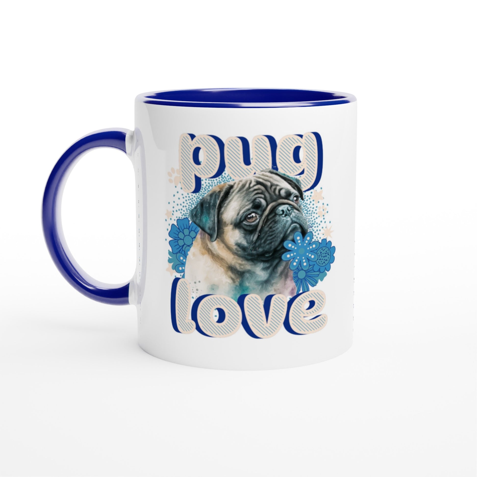 White mug with a blue handle, rim, and inside with the design of a pug's head and shoulders surrounded by blue flowers and white stars and paw prints with the word "pug" above and the word "love" below in puffy bubble letters.