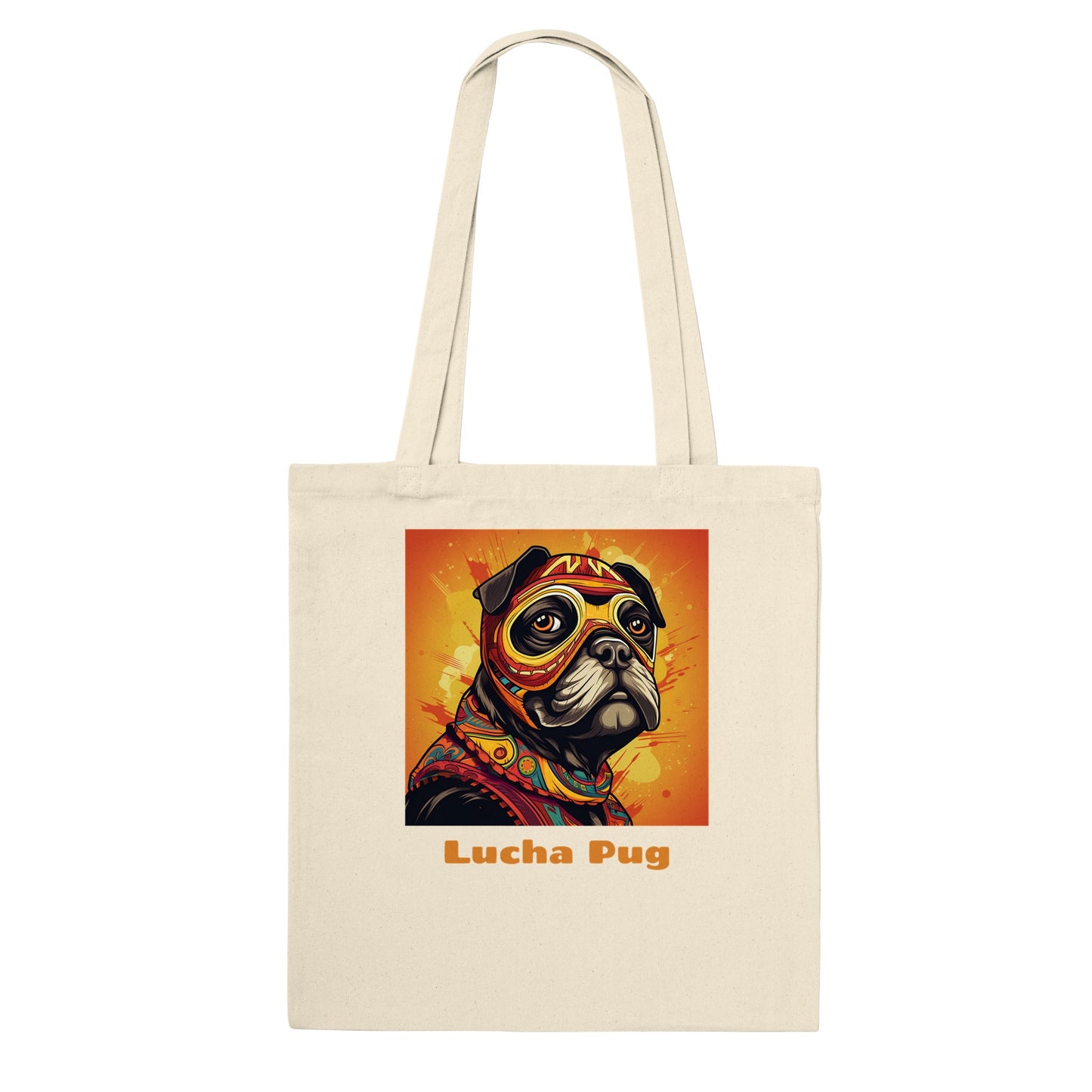 Natural beige colored tote bag with the bust of a cartoon pug wearing an orange, red, and yellow luchador mask and costume on a fiery orange and yellow background