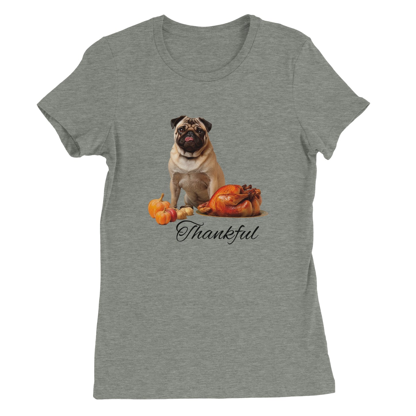 Athletic heather women's t-shirt with a pug sitting behind pumpkins and a roast turkey with the word "Thankful" under it.