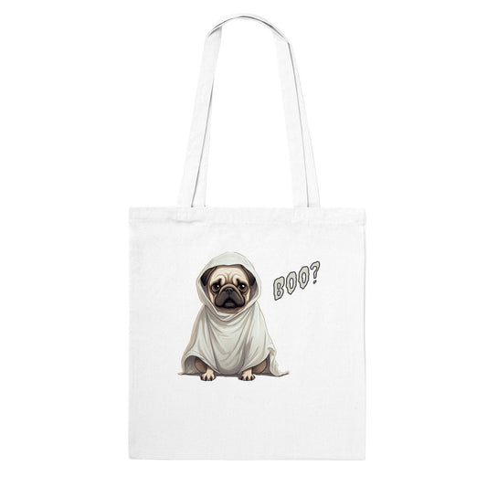 White tote bag with a fawn-colored cartoon-style pug with a concerned expression wearing a ghost costume. The word "Boo?" is on the right side of the image.