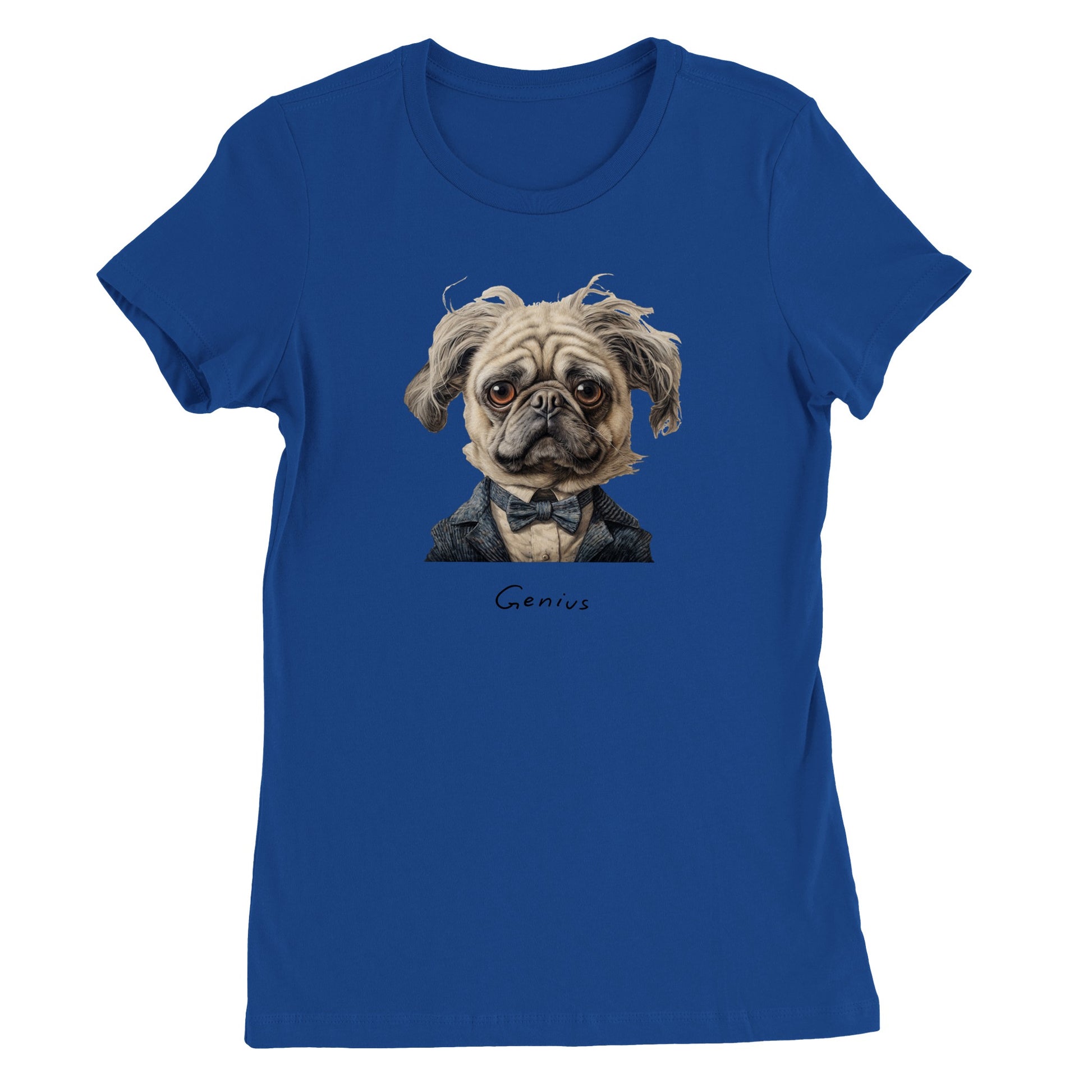 Royal blue t-shirt with a pug that looks like Albert Einstein on it. Beneath the image is the word "Genius."