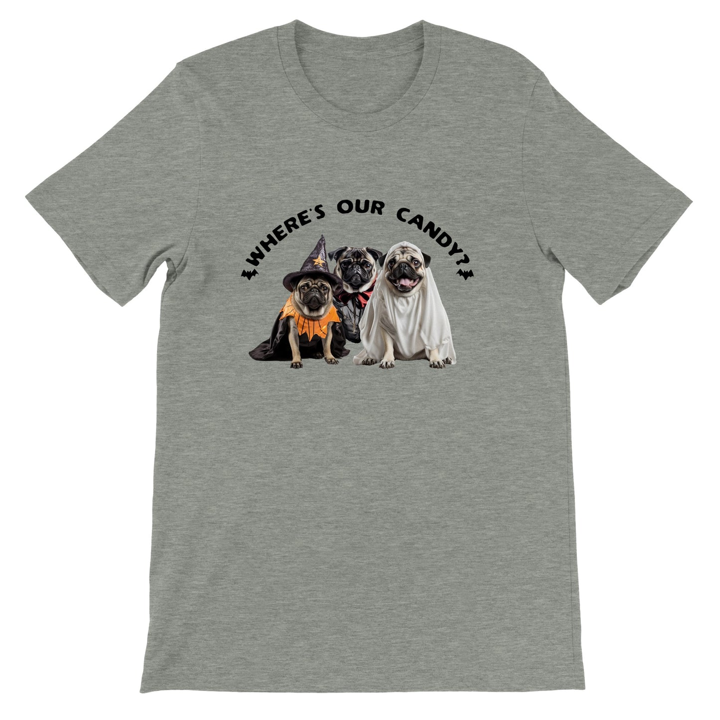 Athletic heather gray t-shirt with a picture of three pugs--one dressed as a witch, one dressed as a vampire, and one dressed as a ghost with the words "Where's our candy?" arched over them.