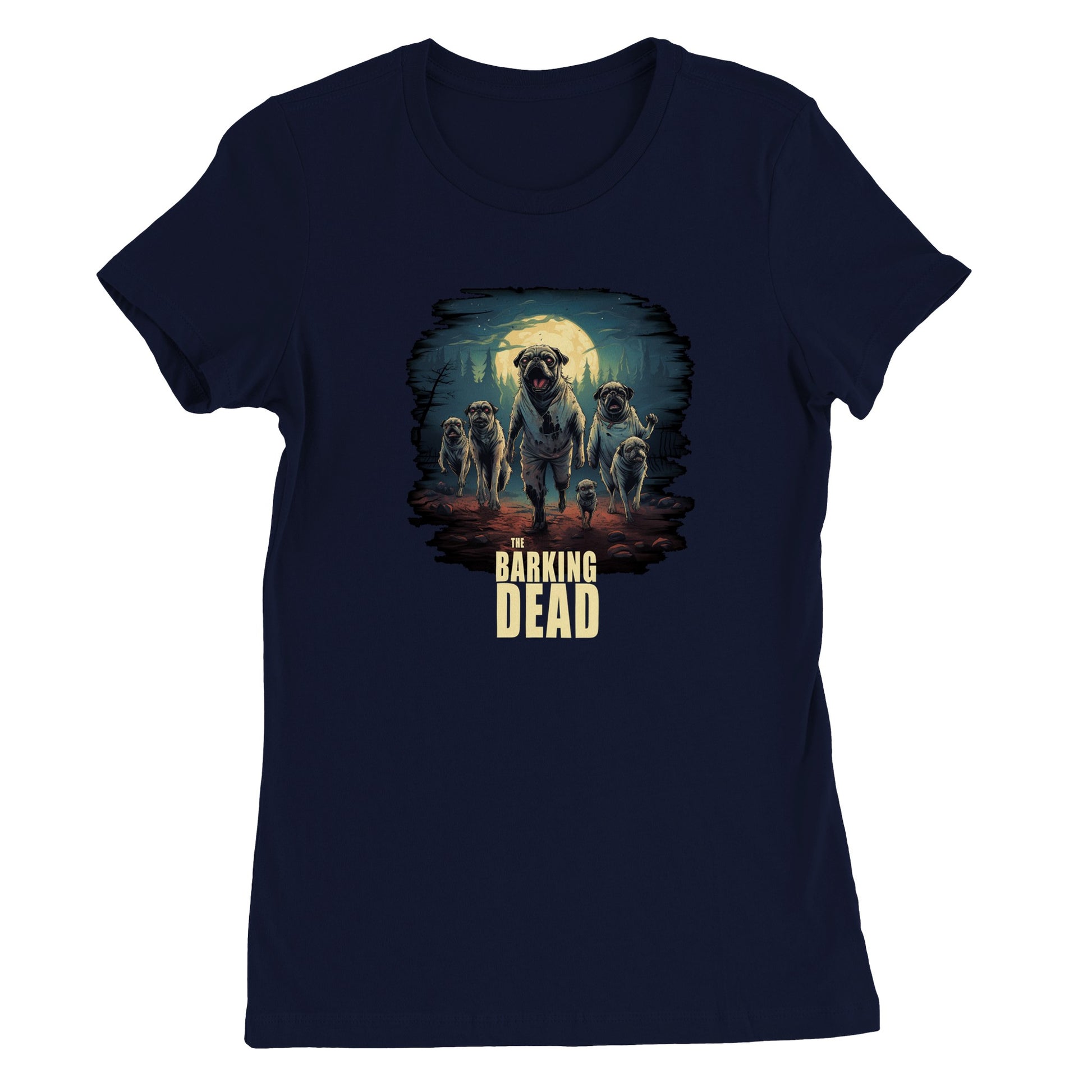 Navy t-shirt with the image of a group of zombie pugs walking through a forest on a spooky moonlit night with the words "The barking dead" underneath the image