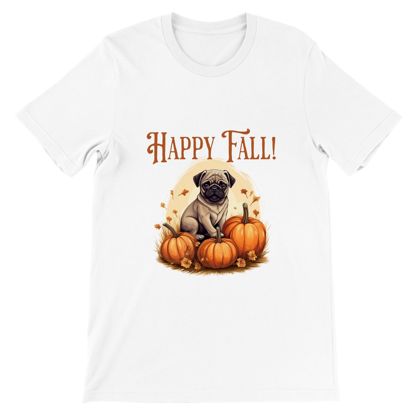 White t-shirt with a picture of a pug sitting in a pumpkin patch