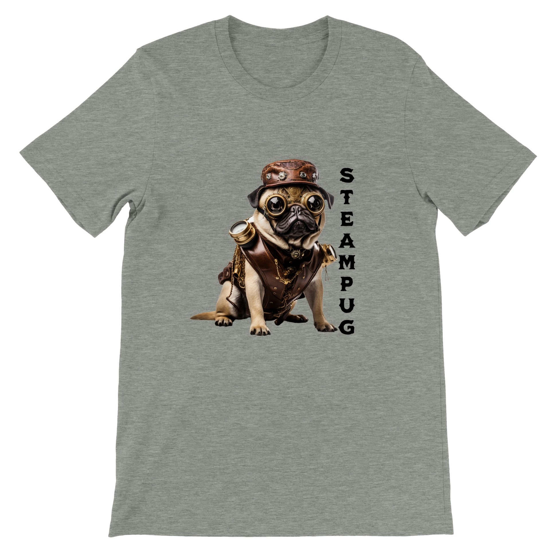 Athletic heather gray t-shirt with a pug dressed in a steampunk-style  outfit, goggles, and hat with the word "Steampug" written down the right side of the image.