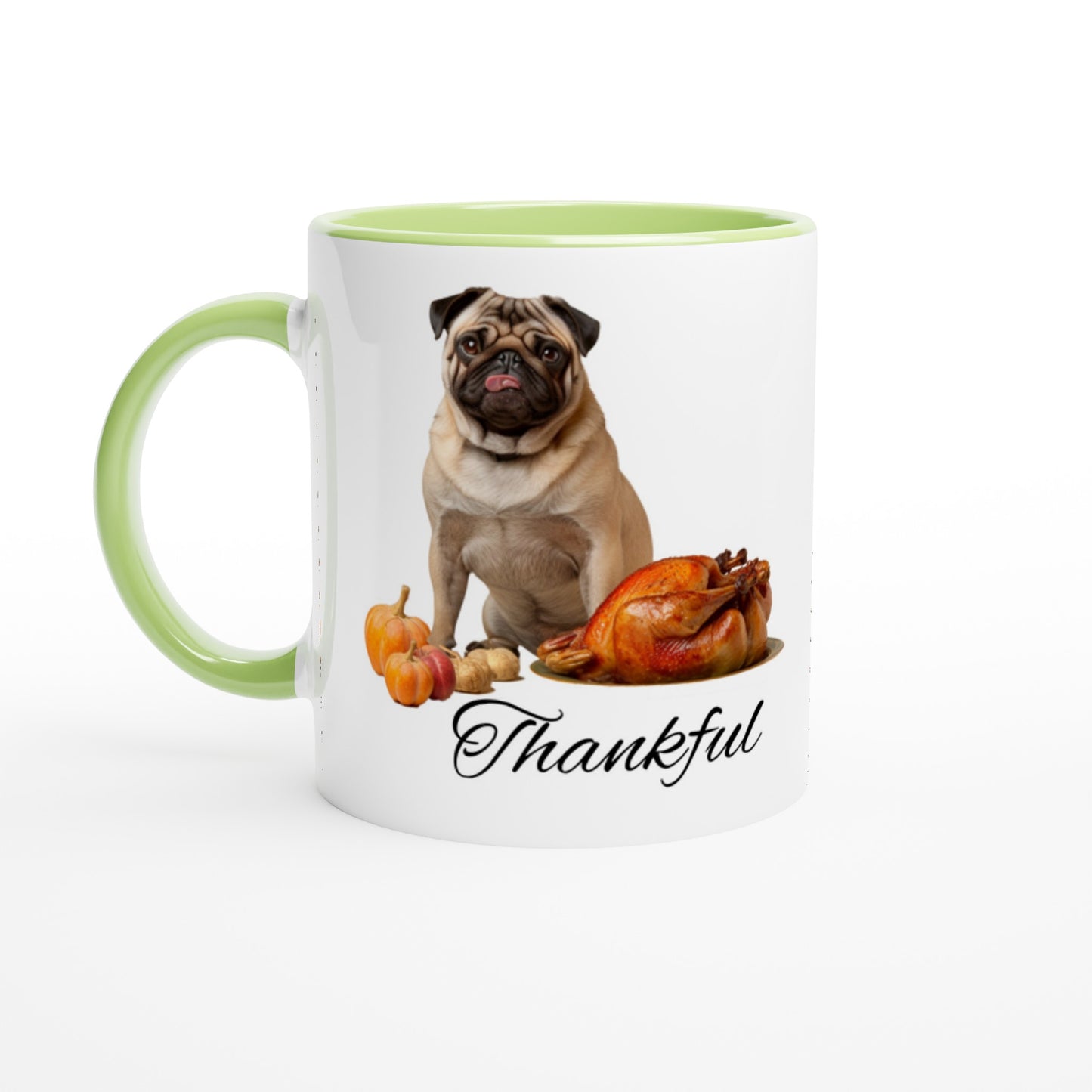 White mug with light green handle, rim, and inside with a picture of a pug sitting behind pumpkins and a roast turkey with the word "Thankful" under it.