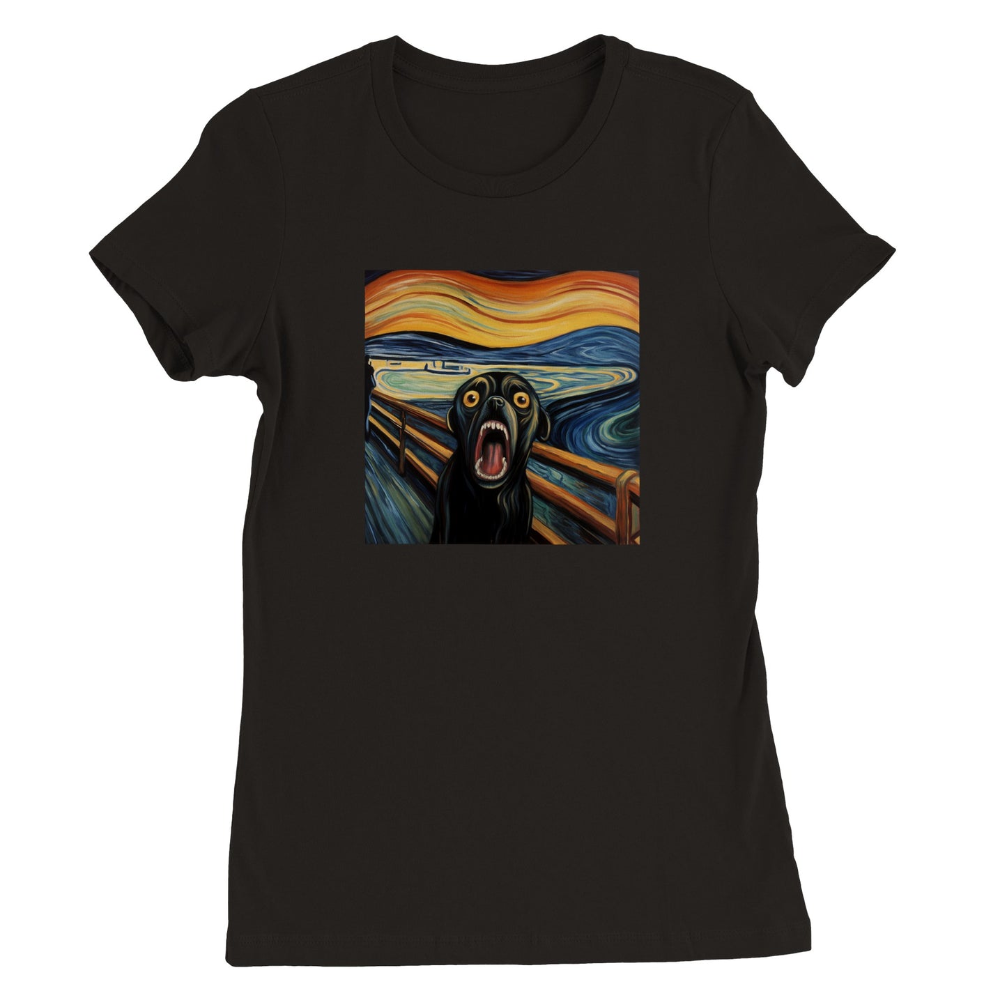 Black t-shirt with a pug version of Edvard Munch's "The Scream" 