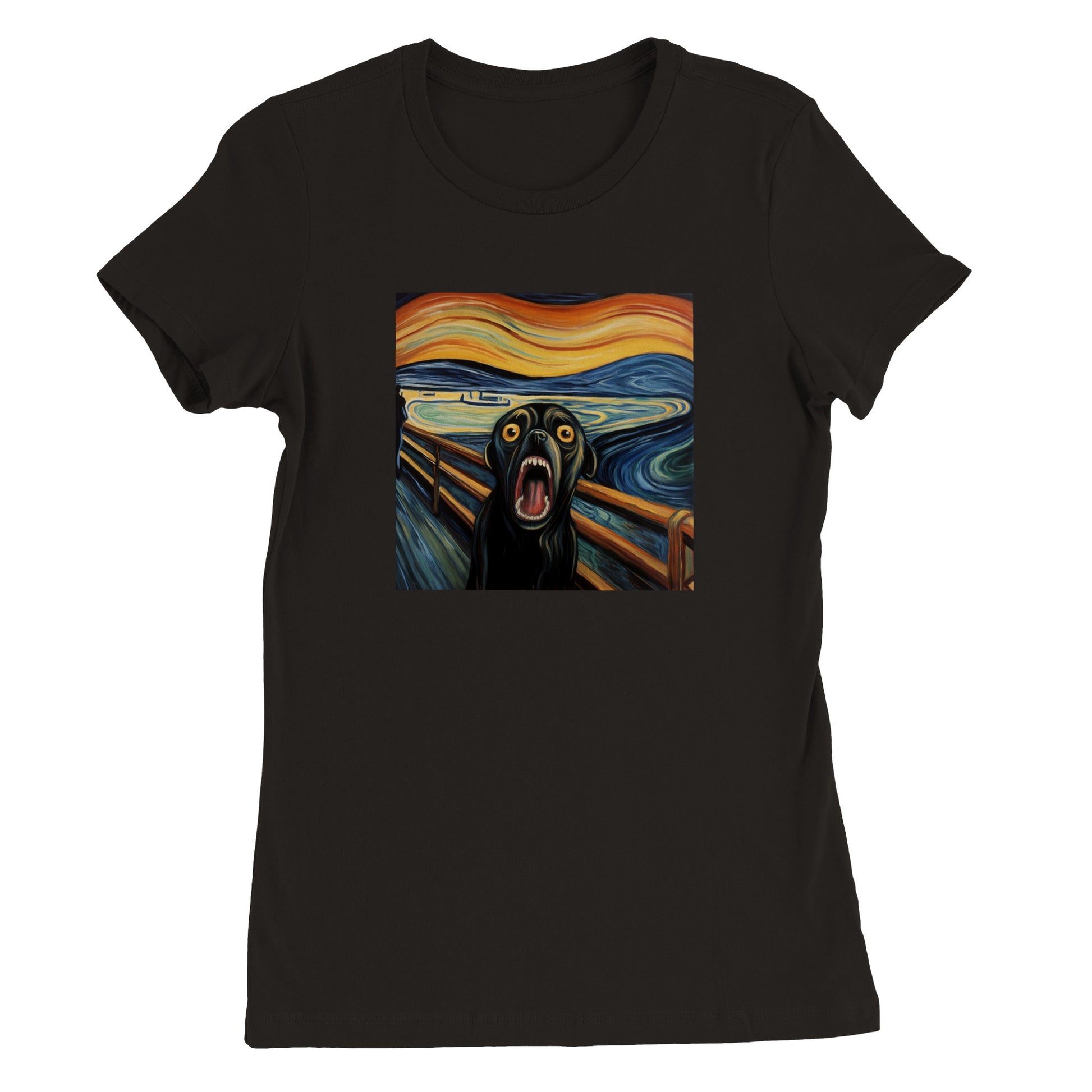 Black t-shirt with a pug version of Edvard Munch's "The Scream" 