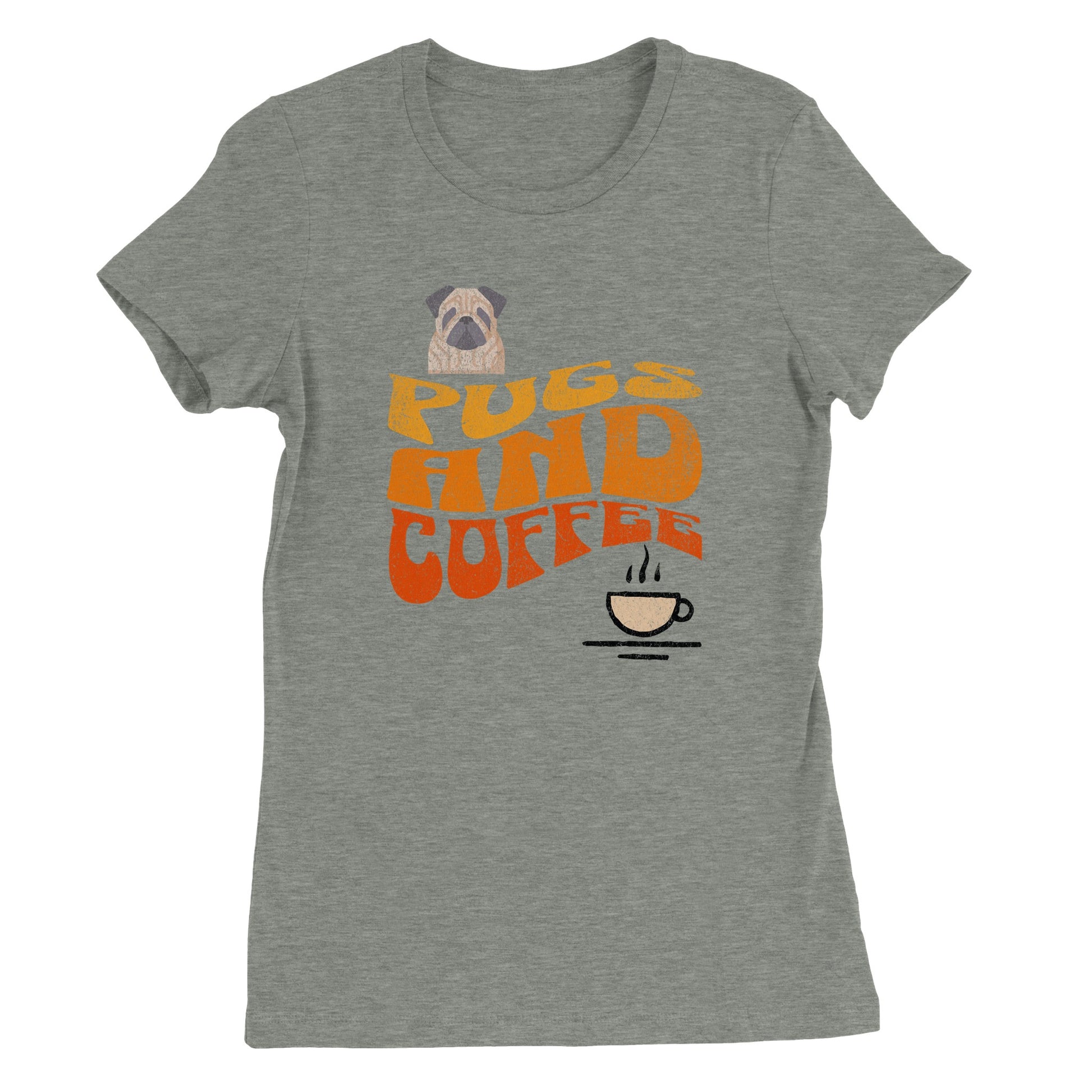 Athletic heather gray t-shirt with  the words "Pugs and Coffee" in yellow, orange, and red in a retro, faded, wavy style. There is a picture of a cartoon pug above the words on the left and a line-drawing of a steaming cup of coffee below the words on the right.