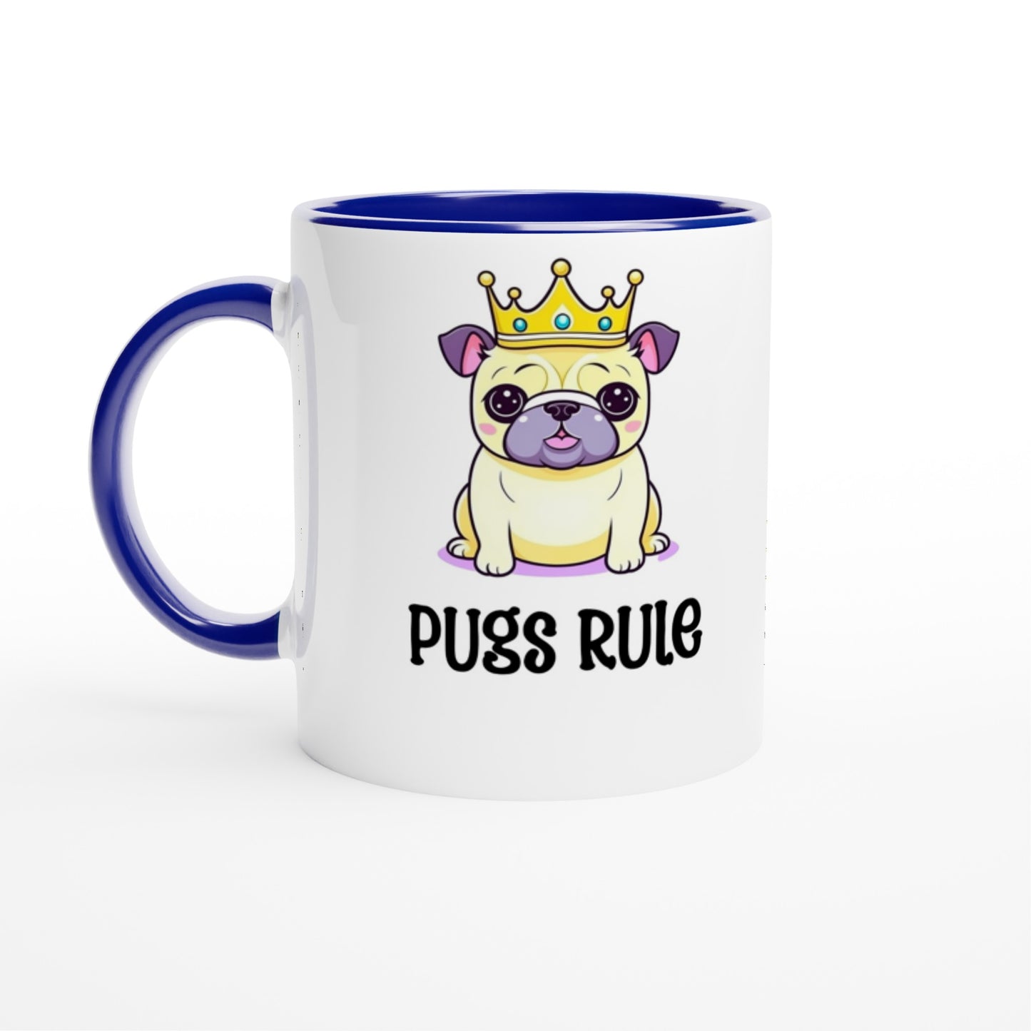 A white mug with a blue handle, rim, and inside and an image of a  kawaii icon-style pug wearing  a crown with the words "Pugs rule" underneath the image