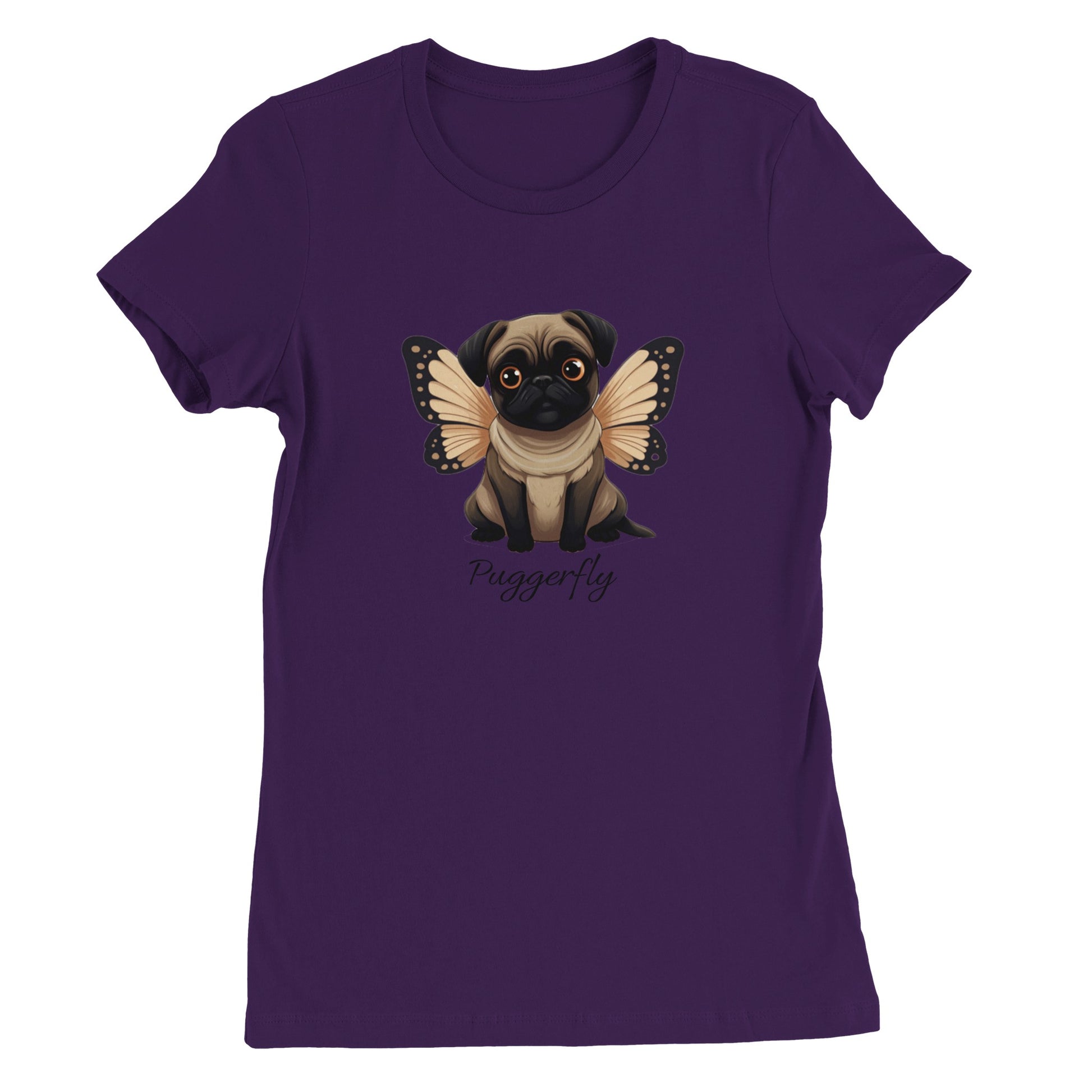 Purple t-shirt with a cartoon style picture of a fawn-colored pug with orangey-beige butterfly wings attached to her back and big sad eyes. The word "Puggerfly" is beneath the image.