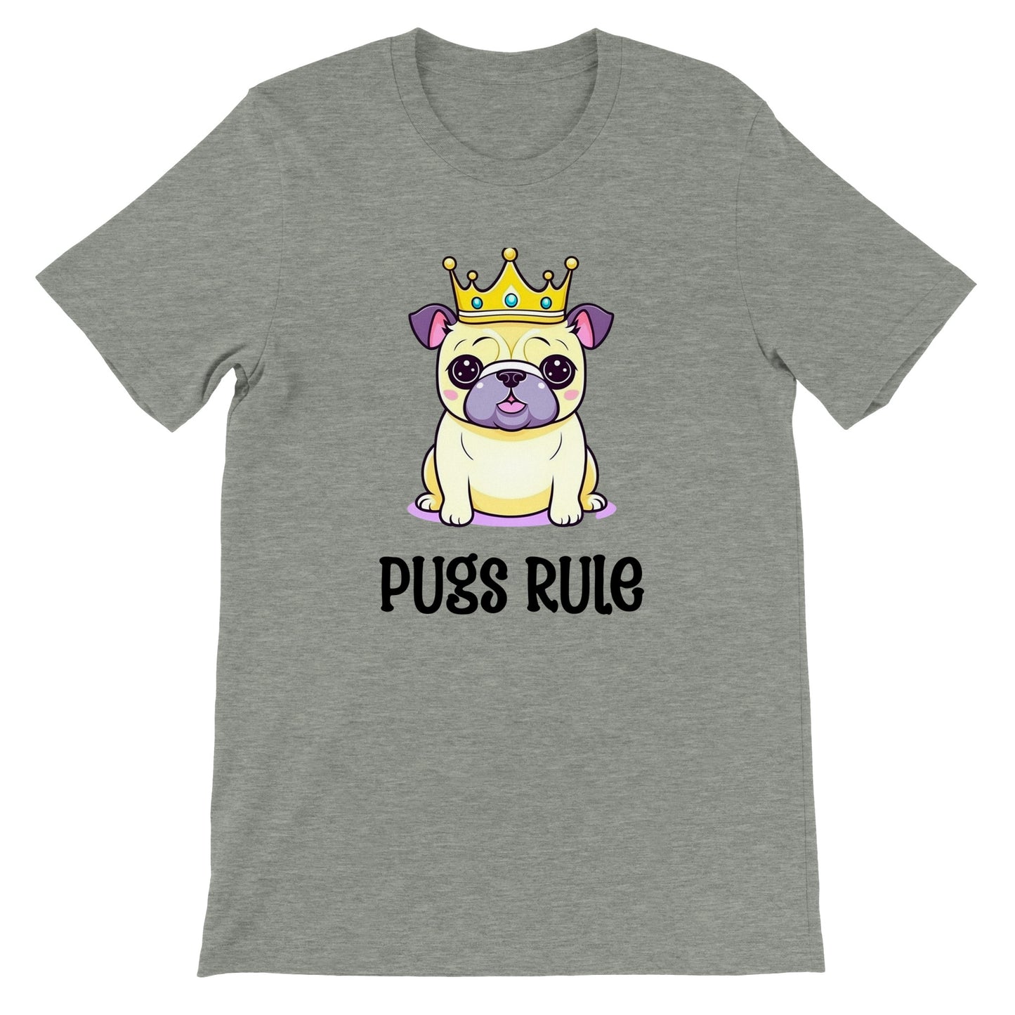 Athletic heather gray t-shirt with  an image of a Kawaii-icon style pug on it. The pug is yellowy-beige with purple ears and purple-gray jowls, and the words "Pugs rule" are written under it.