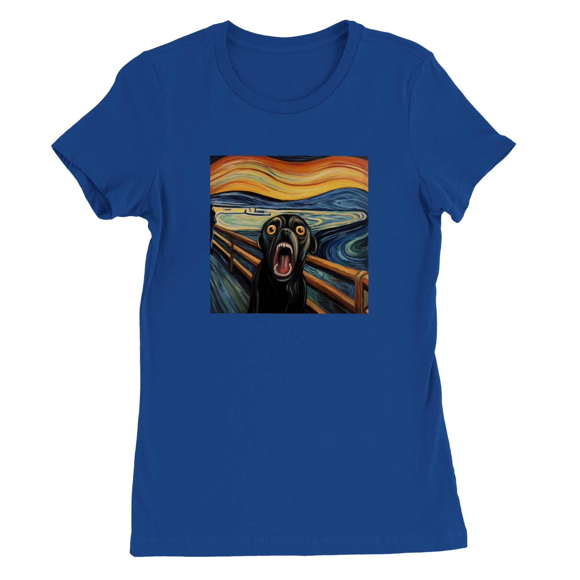 Royal blue t-shirt with a pug version of Edvard Munch's "The Scream" 