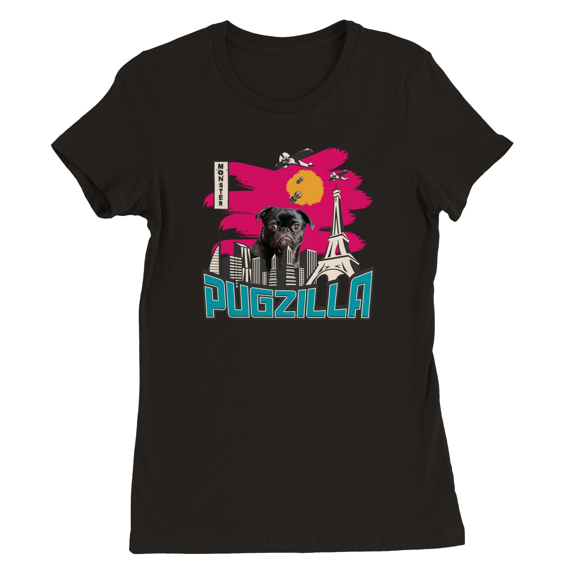 Black t-shirt with the image of a black pug standing over a cityscape under a pink sky with jets dropping bombs on him and with the word "Pugzilla" under it.