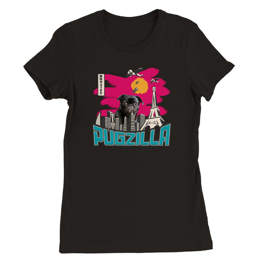 Black t-shirt with the image of a black pug standing over a cityscape under a pink sky with jets dropping bombs on him and with the word "Pugzilla" under it.