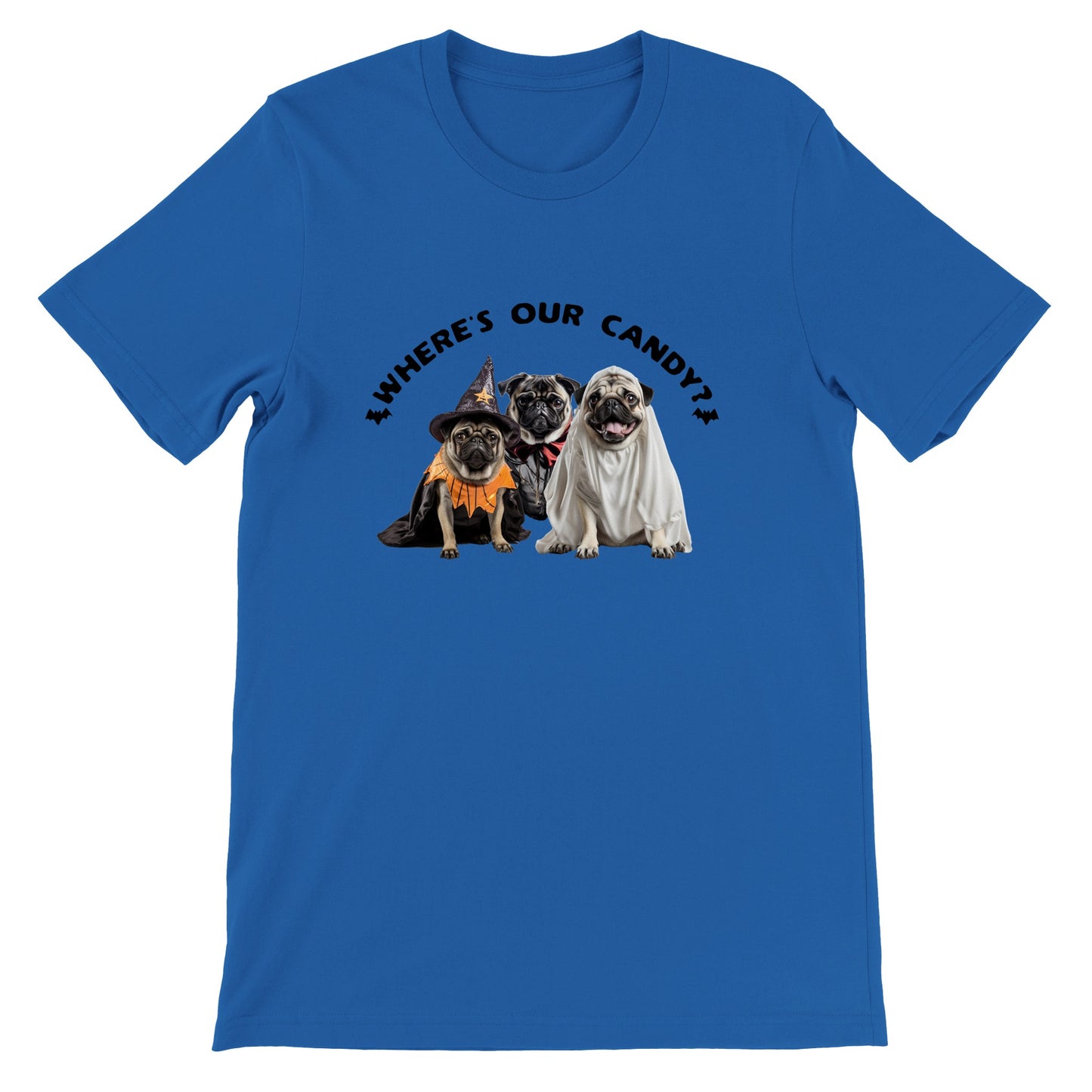 Blue t-shirt with a picture of three pugs--one dressed as a witch, one dressed as a vampire, and one dressed as a ghost with the words "Where's our candy?" arched over them.