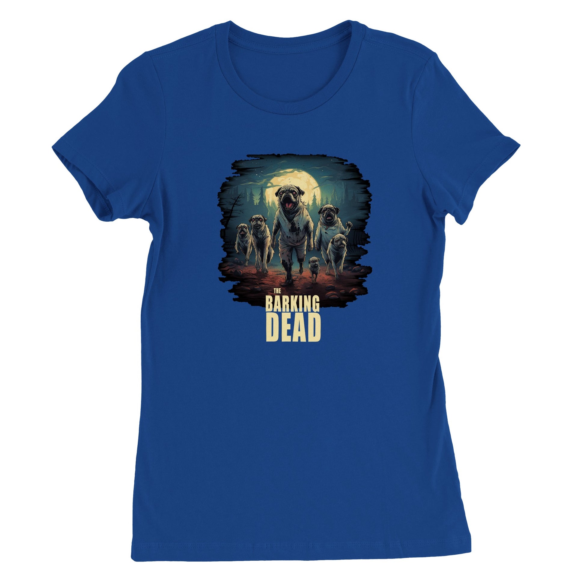 Blue t-shirt with the image of a group of zombie pugs walking through a forest on a spooky moonlit night with the words "The barking dead" underneath the image