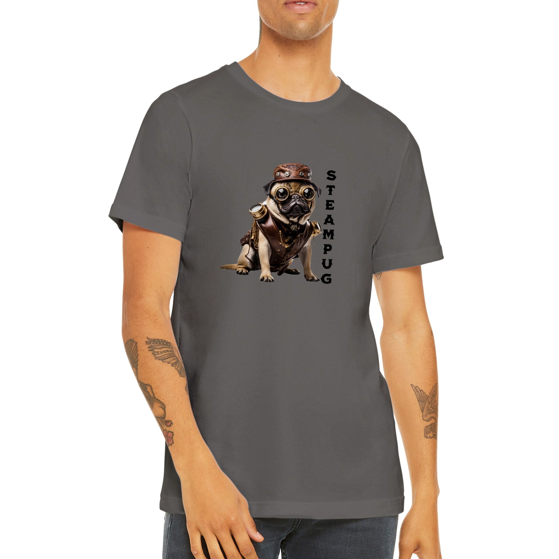 Torso of a  young man wearing an asphalt gray t-shirt with a pug dressed in a steampunk-style  outfit, goggles, and hat with the word "Steampug" written down the right side of the image.